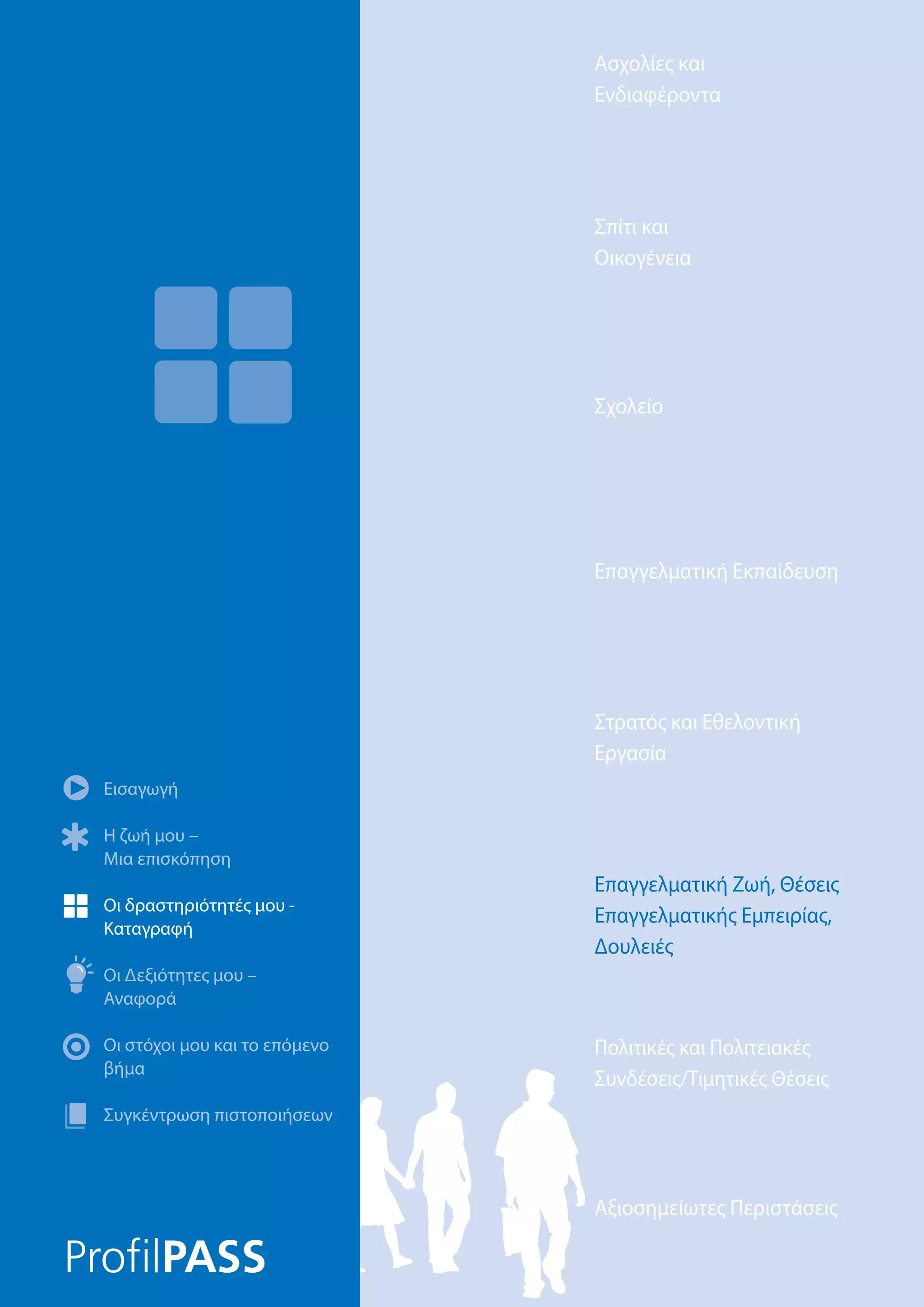 Ασχολίες και
Ενδιαφέροντα
Αξιοσημείωτες Περιστάσεις
Πολιτικές και Πολιτειακές
Συνδέσεις/Τιμητικές Θέσεις
Επαγγελματική Ζωή, Θέσεις
Επαγγελματικής Εμπειρίας,
Δουλειές
Στρατός και Εθελοντική
Εργασία
Επαγγελματική Εκπαίδευση
Σχολείο
Σπίτι και
Οικογένεια
Εισαγωγή
Η ζωή μου –
Μια επισκόπηση
Οι δραστηριότητές μου -
Καταγραφή
Οι Δεξιότητες μου –
Αναφορά
Οι στόχοι μου και το επόμενο
βήμα
Συγκέντρωση πιστοποιήσεων
Επαγγελματική Ζωή, Θέσεις
Επαγγελματικής Εμπειρίας,
Δουλειές
 