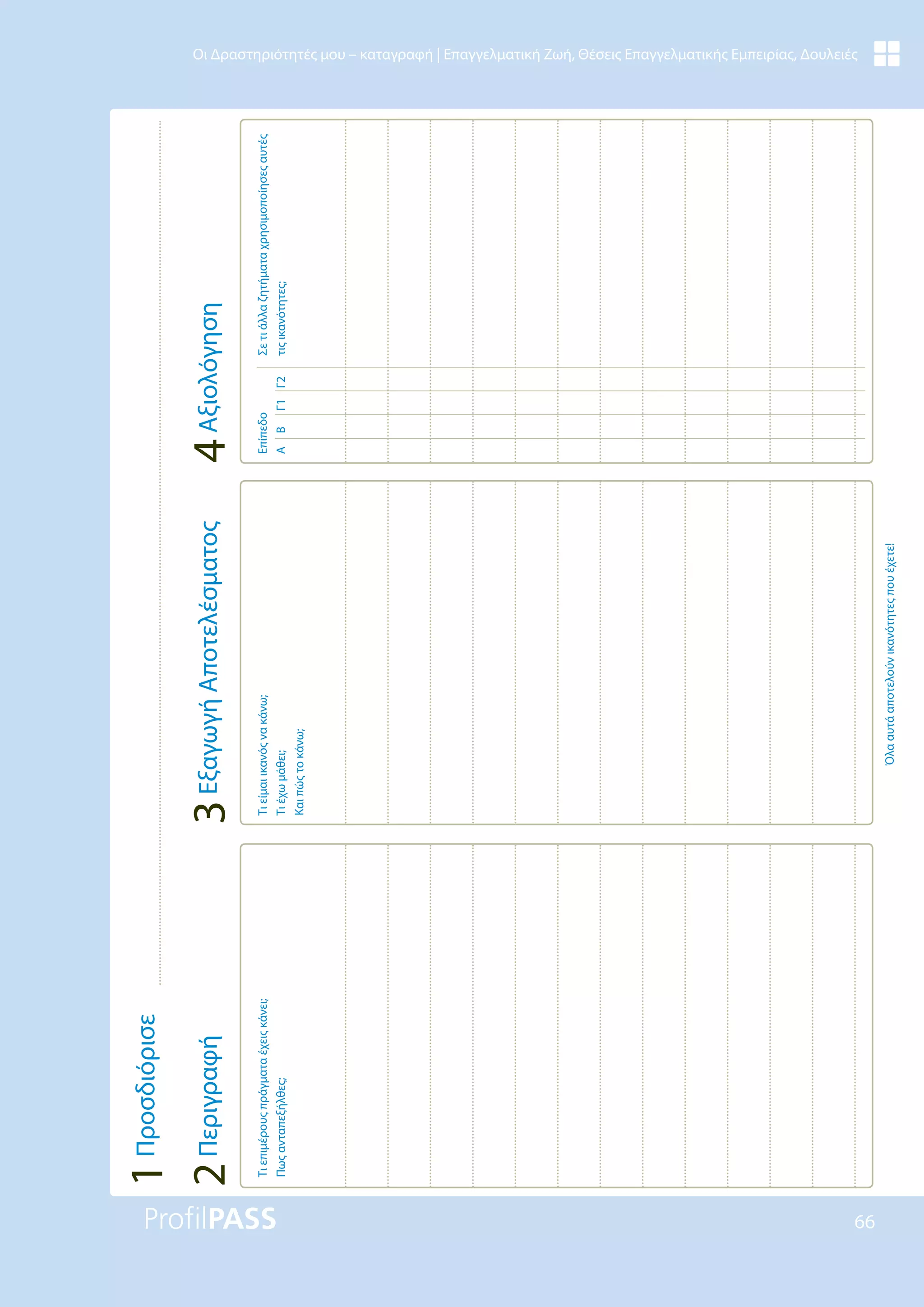 66
Οι Δραστηριότητές μου – καταγραφή | Επαγγελματική Ζωή, Θέσεις Επαγγελματικής Εμπειρίας, Δουλειές
Τι
επιμέρους
πράγματα
έχεις
κάνει;
Πως
ανταπεξήλθες;
Τι
είμαι
ικανός
να
κάνω;
Τι
έχω
μάθει;
Και
πώς
το
κάνω;
Όλα
αυτά
αποτελούν
ικανότητες
που
έχετε!
Επίπεδο
A
B
Γ1
Γ2
Σε
τι
άλλα
ζητήματα
χρησιμοποίησες
αυτές
τις
ικανότητες;
4
Αξιολόγηση
3
Εξαγωγή
Αποτελέσματος
2
Περιγραφή
1
Προσδιόρισε
 