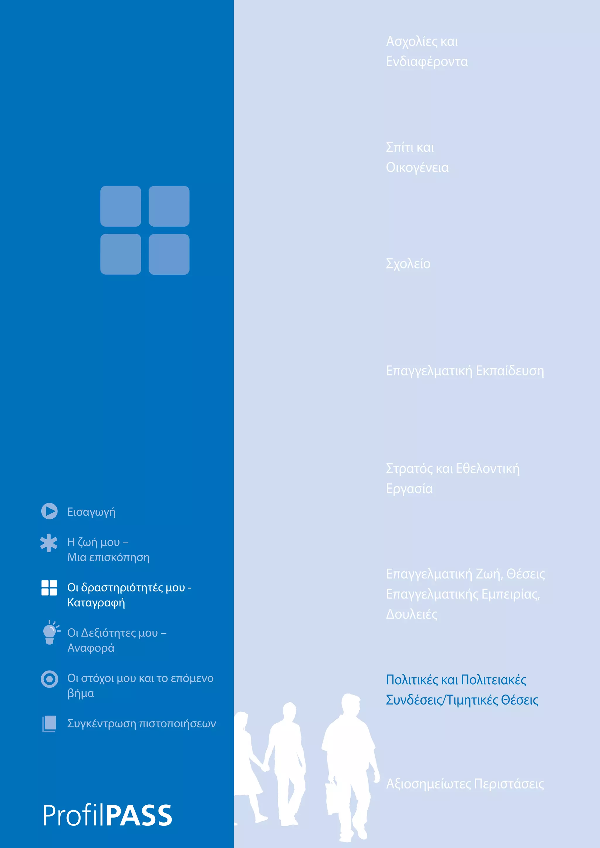 Ασχολίες και
Ενδιαφέροντα
Αξιοσημείωτες Περιστάσεις
Πολιτικές και Πολιτειακές
Συνδέσεις/Τιμητικές Θέσεις
Επαγγελματική Ζωή, Θέσεις
Επαγγελματικής Εμπειρίας,
Δουλειές
Στρατός και Εθελοντική
Εργασία
Επαγγελματική Εκπαίδευση
Σχολείο
Σπίτι και
Οικογένεια
Εισαγωγή
Η ζωή μου –
Μια επισκόπηση
Οι δραστηριότητές μου -
Καταγραφή
Οι Δεξιότητες μου –
Αναφορά
Οι στόχοι μου και το επόμενο
βήμα
Συγκέντρωση πιστοποιήσεων
Πολιτικές και Πολιτειακές
Συνδέσεις/Τιμητικές Θέσεις
 