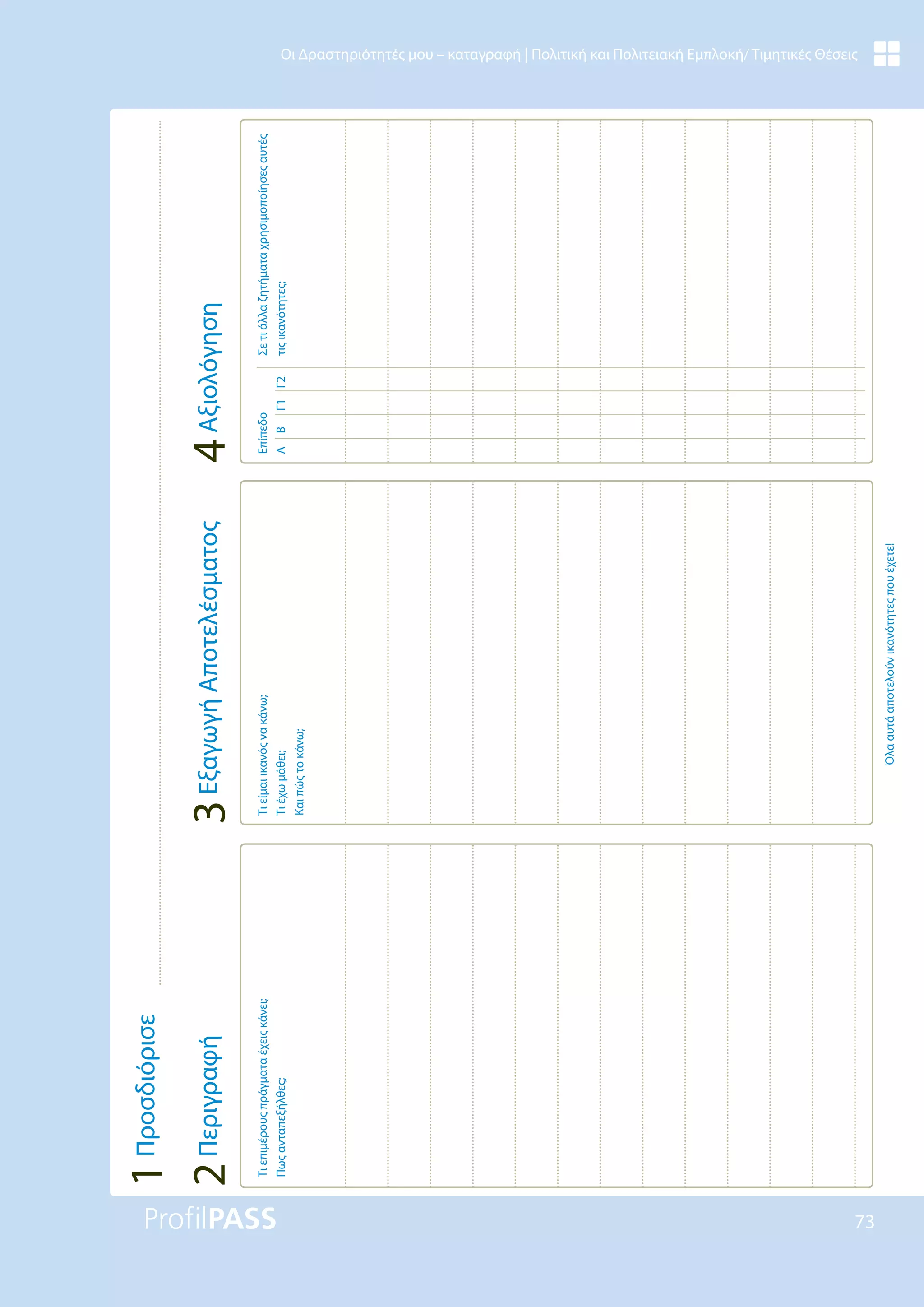73
Οι Δραστηριότητές μου – καταγραφή | Πολιτική και Πολιτειακή Εμπλοκή/ Τιμητικές Θέσεις
Τι
επιμέρους
πράγματα
έχεις
κάνει;
Πως
ανταπεξήλθες;
Τι
είμαι
ικανός
να
κάνω;
Τι
έχω
μάθει;
Και
πώς
το
κάνω;
Όλα
αυτά
αποτελούν
ικανότητες
που
έχετε!
Επίπεδο
A
B
Γ1
Γ2
Σε
τι
άλλα
ζητήματα
χρησιμοποίησες
αυτές
τις
ικανότητες;
4
Αξιολόγηση
3
Εξαγωγή
Αποτελέσματος
2
Περιγραφή
1
Προσδιόρισε
 
