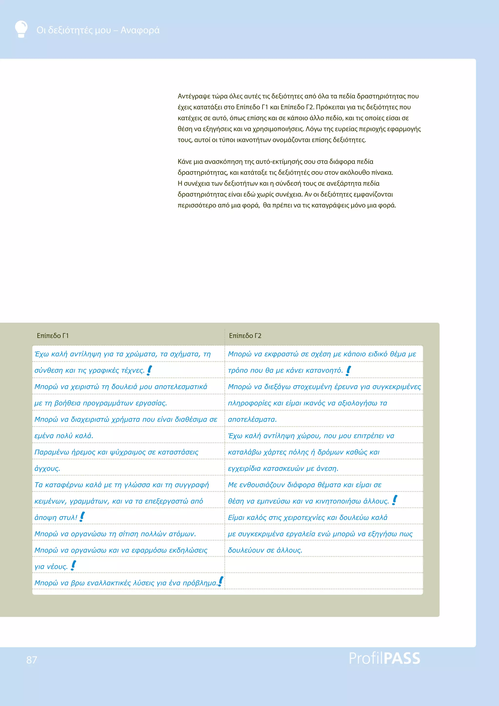 Οι δεξιότητές μου – Αναφορά
87
Αντέγραψε τώρα όλες αυτές τις δεξιότητες από όλα τα πεδία δραστηριότητας που
έχεις κατατάξει στο Επίπεδο Γ1 και Επίπεδο Γ2. Πρόκειται για τις δεξιότητες που
κατέχεις σε αυτό, όπως επίσης και σε κάποιο άλλο πεδίο, και τις οποίες είσαι σε
θέση να εξηγήσεις και να χρησιμοποιήσεις. Λόγω της ευρείας περιοχής εφαρμογής
τους, αυτοί οι τύποι ικανοτήτων ονομάζονται επίσης δεξιότητες.
Κάνε μια ανασκόπηση της αυτό-εκτίμησής σου στα διάφορα πεδία
δραστηριότητας, και κατάταξε τις δεξιότητές σου στον ακόλουθο πίνακα.
Η συνέχεια των δεξιοτήτων και η σύνδεσή τους σε ανεξάρτητα πεδία
δραστηριότητας είναι εδώ χωρίς συνέχεια. Αν οι δεξιότητες εμφανίζονται
περισσότερο από μια φορά, θα πρέπει να τις καταγράψεις μόνο μια φορά.
Επίπεδο Γ1 Επίπεδο Γ2
ƠǒǔǉĮǊǀĮǌĲǁǊǆǓǆǄǈĮĲĮǒǏǙǋĮĲĮĲĮıǒǀǋĮĲĮĲǆ
ıǘǌǇİıǆǉĮǈĲǈǐǄǏĮĳǈǉƿǐĲƿǒǌİǐ
ưȺǎǏǙǌĮǒİǈǏǈıĲǙĲǆįǎǑǊİǈƾǋǎǑĮȺǎĲİǊİıǋĮĲǈǉƾ
ǋİĲǆǃǎǀǇİǈĮȺǏǎǄǏĮǋǋƾĲǔǌİǏǄĮıǁĮǐ
ưȺǎǏǙǌĮįǈĮǒİǈǏǈıĲǙǒǏǀǋĮĲĮȺǎǑİǁǌĮǈįǈĮǇƿıǈǋĮıİ
İǋƿǌĮȺǎǊǘǉĮǊƾ
ƴĮǏĮǋƿǌǔǀǏİǋǎǐǉĮǈǓǘǒǏĮǈǋǎǐıİǉĮĲĮıĲƾıİǈǐ
ƾǄǒǎǑǐ
ƷĮǉĮĲĮĳƿǏǌǔǉĮǊƾǋİĲǆǄǊǙııĮǉĮǈĲǆıǑǄǄǏĮĳǀ
ǉİǈǋƿǌǔǌǄǏĮǋǋƾĲǔǌǉĮǈǌĮĲĮİȺİǍİǏǄĮıĲǙĮȺǗ
ƾȺǎǓǆıĲǑǊ
ưȺǎǏǙǌĮǎǏǄĮǌǙıǔĲǆıǁĲǈıǆȺǎǊǊǙǌĮĲǗǋǔǌ
ưȺǎǏǙǌĮǎǏǄĮǌǙıǔǉĮǈǌĮİĳĮǏǋǗıǔİǉįǆǊǙıİǈǐ
ǄǈĮǌƿǎǑǐ
ưȺǎǏǙǌĮǃǏǔİǌĮǊǊĮǉĲǈǉƿǐǊǘıİǈǐǄǈĮƿǌĮȺǏǗǃǊǆǋĮ
ưȺǎǏǙǌĮİǉĳǏĮıĲǙıİıǒƿıǆǋİǉƾȺǎǈǎİǈįǈǉǗǇƿǋĮǋİ
ĲǏǗȺǎȺǎǑǇĮǋİǉƾǌİǈǉĮĲĮǌǎǆĲǗ
ưȺǎǏǙǌĮįǈİǍƾǄǔıĲǎǒİǑǋƿǌǆƿǏİǑǌĮǄǈĮıǑǄǉİǉǏǈǋƿǌİǐ
ȺǊǆǏǎĳǎǏǁİǐǉĮǈİǁǋĮǈǈǉĮǌǗǐǌĮĮǍǈǎǊǎǄǀıǔĲĮ
ĮȺǎĲİǊƿıǋĮĲĮ
ƠǒǔǉĮǊǀĮǌĲǁǊǆǓǆǒǙǏǎǑȺǎǑǋǎǑİȺǈĲǏƿȺİǈǌĮ
ǉĮĲĮǊƾǃǔǒƾǏĲİǐȺǗǊǆǐǀįǏǗǋǔǌǉĮǇǙǐǉĮǈ
İǄǒİǈǏǁįǈĮǉĮĲĮıǉİǑǙǌǋİƾǌİıǆ
ưİİǌǇǎǑıǈƾǅǎǑǌįǈƾĳǎǏĮǇƿǋĮĲĮǉĮǈİǁǋĮǈıİ
ǇƿıǆǌĮİǋȺǌİǘıǔǉĮǈǌĮǉǈǌǆĲǎȺǎǈǀıǔƾǊǊǎǑǐ
ƪǁǋĮǈǉĮǊǗǐıĲǈǐǒİǈǏǎĲİǒǌǁİǐǉĮǈįǎǑǊİǘǔǉĮǊƾ
ǋİıǑǄǉİǉǏǈǋƿǌĮİǏǄĮǊİǁĮİǌǙǋȺǎǏǙǌĮİǍǆǄǀıǔȺǔǐ
įǎǑǊİǘǎǑǌıİƾǊǊǎǑǐ
 