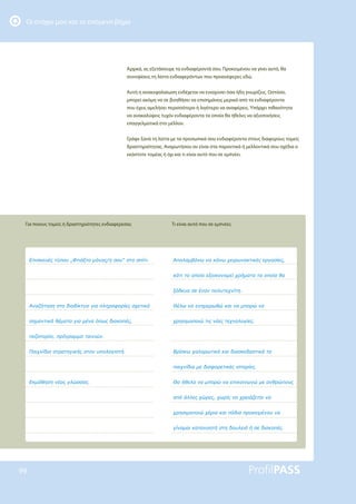 Οι στόχοι μου και το επόμενο βήμα
99
Αρχικά, ας εξετάσουμε τα ενδιαφέροντά σου. Προκειμένου να γίνει αυτό, θα
συνοψίσεις τη λίστα ενδιαφερόντων που προανέφερες εδώ.
Αυτή η ανακεφαλαίωση ενδέχεται να ενισχύσει όσα ήδη γνωρίζεις. Ωστόσο,
μπορεί ακόμη να σε βοηθήσει να επισημάνεις μερικά από τα ενδιαφέροντα
που έχεις αμελήσει περισσότερο ή λιγότερο να αναφέρεις. Υπάρχει πιθανότητα
να ανακαλύψεις τυχόν ενδιαφέροντα τα οποία θα ήθελες να αξιοποιήσεις
επαγγελματικά στο μέλλον.
Γράψε ξανά τη λίστα με τα προσωπικά σου ενδιαφέροντα στους διάφορους τομείς
δραστηριότητας. Αναρωτήσου αν είναι στα παροντικά ή μελλοντικά σου σχέδια ο
εκάστοτε τομέας ή όχι και τι είναι αυτό που σε εμπνέει.
Για ποιους τομείς ή δραστηριότητες ενδιαφέρεσαι; Τι είναι αυτό που σε εμπνέει;
ƪȺǈıǉİǑƿǐĲǘȺǎǑÄĭĲǈƾǍĲǎǋǗǌǎǐǆıǎǑ³ıĲǎıȺǁĲǈ
ƧǌĮǅǀĲǆıǆıĲǎįǈĮįǁǉĲǑǎǄǈĮȺǊǆǏǎĳǎǏǁİǐıǒİĲǈǉƾ
ıǆǋĮǌĲǈǉƾǇƿǋĮĲĮǄǈĮǋƿǌĮǗȺǔǐįǈĮǉǎȺƿǐ
ȺİǅǎȺǎǏǁĮȺǏǗǄǏĮǋǋĮĲĮǈǌǈǙǌ
ƴĮǈǒǌǁįǈĮıĲǏĮĲǆǄǈǉǀǐıĲǎǌǑȺǎǊǎǄǈıĲǀ
ƪǉǋƾǇǆıǆǌƿĮǐǄǊǙııĮǐ
ƧȺǎǊĮǋǃƾǌǔǌĮǉƾǌǔǒİǈǏǔǌĮǉĲǈǉƿǐİǏǄĮıǁİǐ
ǉƾĲǈĲǎǎȺǎǁǎİǍǎǈǉǎǌǎǋİǁǒǏǀǋĮĲĮĲĮǎȺǎǁĮǇĮ
ǍǗįİǑĮıİƿǌĮǌȺǎǊǑĲİǒǌǁĲǆ
ĬƿǊǔǌĮİǌǆǋİǏǔǇǙǉĮǈǌĮǋȺǎǏǙǌĮ
ǒǏǆıǈǋǎȺǎǈǙĲǈǐǌƿİǐĲİǒǌǎǊǎǄǁİǐ
ƨǏǁıǉǔǒĮǊĮǏǔĲǈǉƾǉĮǈįǈĮıǉİįĮıĲǈǉƾĲĮ
ȺĮǈǒǌǁįǈĮǋİįǈĮĳǎǏİĲǈǉƿǐǈıĲǎǏǁİǐ
ĬĮǀǇİǊĮǌĮǋȺǎǏǙǌĮİȺǈǉǎǈǌǔǌǙǋİĮǌǇǏǙȺǎǑǐ
ĮȺǗƾǊǊİǐǒǙǏİǐǒǔǏǁǐǌĮǒǏİǈƾǅİĲĮǈǌĮ
ǒǏǆıǈǋǎȺǎǈǙǒƿǏǈĮǉĮǈȺǗįǈĮȺǏǎǉİǈǋƿǌǎǑǌĮ
ǄǁǌǎǋĮǈǉĮĲĮǌǎǆĲǀıĲǆįǎǑǊİǈƾǀıİįǈĮǉǎȺƿǐ
 