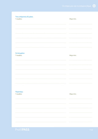 Οι στόχοι μου και το επόμενο βήμα
112
Σε ένα χρόνο
Τι ακριβώς; Μέχρι πότε;
Τους επόμενους έξι μήνες
Τι ακριβώς; Μέχρι πότε;
Περαιτέρω
Τι ακριβώς; Μέχρι πότε;
 