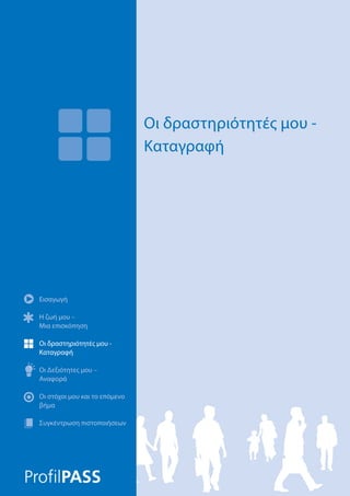 Εισαγωγή
Η ζωή μου –
Μια επισκόπηση
Οι δραστηριότητές μου -
Καταγραφή
Οι Δεξιότητες μου –
Αναφορά
Οι στόχοι μου και το επόμενο
βήμα
Συγκέντρωση πιστοποιήσεων
Οι δραστηριότητές μου -
Καταγραφή
Εισαγωγή
Η ζωή μου –
Μια επισκόπηση
Οι δραστηριότητές μου -
Καταγραφή
Οι Δεξιότητες μου –
Αναφορά
Οι στόχοι μου και το επόμενο
βήμα
Συγκέντρωση πιστοποιήσεων
 