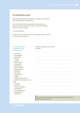 Οι δραστηριότητές μου - Καταγραφή
15
Οι ικανότητές μου!
Τώρα θα ρίξουμε μια ματιά στις προσωπικές σου ικανότητες - ή με άλλα λόγια:
Περί τίνος πρόκειται και τι προτιμήσεις έχεις.
Οι ικανότητες βοηθούν επίσης να περιγράψεις πως διεκπεραιώνεις μια
δραστηριότητα, πως αντιμετωπίζεις τα άτομα, τα πράγματα, τα επιμέρους
ζητήματα, τις κρίσεις, ή τη χαρά.
Τι σε κάνει ξεχωριστό/ή;
Θα πρέπει, επίσης, να αναλογιστείς πως θα σε περιέγραφαν οι άλλοι, οι φίλοι σου
λ.χ. ή τα μέλη της οικογένειάς σου.
Σημείωσε τις προσωπικές σου ικανότητες.
Είμαι πολύ:
Θα φανεί χρήσιμο το συγκεκριμένο φύλλο προσωπικών ικανοτήτων κατά την
ανασκόπηση του φακέλου σου.
Η ακόλουθη λίστα μπορεί
να σε βοηθήσει να βρεις
τις ικανότητές σου.
!Αναλυτικός/ή
!Υπομονετικός/ή
!Ενθουσιώδης
!Επιμελής
!Συνετός/ή
!Διπλωματικός/ή
!Διακριτικός/ή
!Διεκδικητικός/ή
!Αποτελεσματικός/ή
!Προσηλωμένος/η
!Ευέλικτος/η
!Ολιστικός/ή
!Υπομονετικός/ή
!Ακριβής
!Έτοιμος/η να δεχτώ κριτική
!Λογικός/ή και συγκεκριμένος/η στη
σκέψη
!Τακτικός/ή
!Πρακτικός/ή
!Έτοιμος/η να ρισκάρω
!Αυτοδύναμος/η
!Ταλαντούχος/α λεξικά
!Iσορροπημένος/η
!Αξιόπιστος/η
 