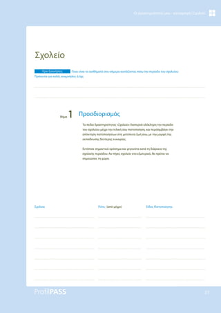 31
Οι Δραστηριότητές μου - καταγραφή | Σχολείο
Σχολείο
Το πεδίο δραστηριότητας «Σχολείο» διαπερνά ολόκληρη την περίοδο
του σχολείου μέχρι την τελική σου πιστοποίηση, και περιλαμβάνει την
απόκτηση πιστοποιήσεων στη μετέπειτα ζωή σου, με την μορφή της
εκπαίδευσης δεύτερης ευκαιρίας.
Εντόπισε σημαντικά ορόσημα και γεγονότα κατά τη διάρκεια της
σχολικής περιόδου. Αν πήγες σχολείο στο εξωτερικό, θα πρέπει να
σημειώσεις τη χώρα.
Πριν ξεκινήσεις: Ποια είναι τα αισθήματά σου σήμερα κοιτάζοντας πίσω την περίοδο του σχολείου;
Πρόκειται για καλές αναμνήσεις ή όχι;
Βήμα 1 Προσδιορισμός
Είδος Πιστοποίησης
Πότε; (από-μέχρι)
Σχολεία
 