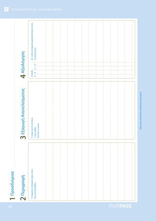 38
Οι Δραστηριότητές μου - καταγραφή | Σχολείο
Τι
επιμέρους
πράγματα
έχεις
κάνει;
Πως
ανταπεξήλθες;
Τι
είμαι
ικανός
να
κάνω;
Τι
έχω
μάθει;
Και
πώς
το
κάνω;
Όλα
αυτά
αποτελούν
ικανότητες
που
έχετε!
Επίπεδο
A
B
Γ1
Γ2
Σε
τι
άλλα
ζητήματα
χρησιμοποίησες
αυτές
τις
ικανότητες;
4
Αξιολόγηση
3
Εξαγωγή
Αποτελέσματος
2
Περιγραφή
1
Προσδιόρισε
 