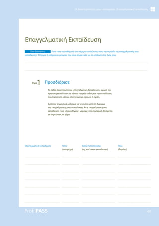 40
Οι Δραστηριότητές μου - καταγραφή | Επαγγελματική Εκπαίδευση
Επαγγελματική Εκπαίδευση
Το πεδίο δραστηριότητας «Επαγγελματική Εκπαίδευση» αφορά την
πρακτική εκπαίδευση σε κάποια εταιρεία καθώς και την εκπαίδευση
που πήρες από κάποιο επαγγελματικό σχολείο ή σχολή.
Εντόπισε σημαντικά ορόσημα και γεγονότα κατά τη διάρκεια
της επαγγελματικής σου εκπαίδευσης. Αν η επαγγελματική σου
εκπαίδευση έγινε εξ ολοκλήρου ή μερικώς στο εξωτερικό, θα πρέπει
να σημειώσεις τη χώρα.
Πριν ξεκινήσεις: Ποια είναι τα αισθήματά σου σήμερα κοιτάζοντας πίσω την περίοδο της επαγγελματικής σου
εκπαίδευσης; Υπήρχαν ή υπάρχουν εμπειρίες που είναι σημαντικές για το υπόλοιπο της ζωής σου;
Βήμα
1 Προσδιόρισε
Είδος Πιστοποίησης
(π.χ. κατ’οίκον εκπαίδευση)
Που;
(Φορέας)
Πότε;
(από-μέχρι)
Επαγγελματική Εκπαίδευση
 