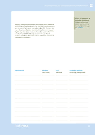 44
Οι Δραστηριότητές μου - καταγραφή | Επαγγελματική Εκπαίδευση
Υπάρχουν διάφορες δραστηριότητες στην επαγγελματική εκπαίδευση
που αν και δεν σχετίζονται άμεσα με την κατάρτιση, μπορεί ωστόσο να
είναι σημαντικές. Μερικά από τα πολλά παραδείγματα, μπορεί να είναι
η συμμετοχή ως εκπρόσωπος νεολαίας, αντιπρόσωπος των μαθητών,
μέλος μιας ένωσης, ή η συμμετοχή σε κάποια πανεπιστημιακή
επιτροπή. Ανάφερε τις δραστηριότητες που συμμετείχες πέρα από την
επαγγελματική εκπαίδευση.
Χρόνος που αφιέρωσα
(μέρες/ώρες την εβδομάδα)
Υπηρεσία;
(Λέξη-κλειδί)
Πότε;
(από-μέχρι)
Δραστηριότητα
Αν έχεις την δυνατότητα να
επικυρώσει κάποιος άλλος
τις δραστηριότητές σου,
κάνε το και επισύναψε την
παραπομπή στο πίσω μέρος
του ProfilPASS.
 