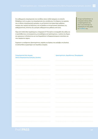 64
Οι Δραστηριότητές μου – καταγραφή | Επαγγελματική Ζωή, Θέσεις Επαγγελματικής Εμπειρίας, Δουλειές
Στις καθημερινές επαγγελματικές σου συνήθειες κάνεις πολλά πράγματα, τα οποία δε
διδάχθηκες ποτέ ως μέρος της επαγγελματικής σου εκπαίδευσης. Στη διάρκεια της εργασίας
σου, σε θέσεις επαγγελματικής εμπειρίας, σε μια δουλειά ή ένα εργαστήριο μαθαίνεις
συνεχώς νέες τεχνικές και δεξιότητες, που σε βοηθούν να αντιμετωπίσεις προκλήσεις της
καθημερινότητας. Αποκτάς νέες εμπειρίες καθημερινά και μαθαίνεις από αυτές.
Πέρα από πολλά άλλα παραδείγματα, η διαχείριση Η/Υ θα πρέπει να αναφερθεί εδώ καθώς και
η προσπάθειά σου να συνεργαστείς με συναδέλφους και προϊσταμένους, ο τρόπος που δομείς
και οργανώνεις τη δουλειά σου και πως διαχειρίζεσαι τις διαφοροποιούμενες απαιτήσεις και
τους παράγοντες άγχους.
Σημείωσε τις ανεξάρτητες δραστηριότητες, ασχολίες και δράσεις που ανέλαβες στη δουλειά,
σε κάποια θέση ή εργαστήριο ή σε περιόδους ανεργίας.
Δραστηριότητες, Αρμοδιότητες, Προγράμματα
Επαγγελματική Ζωή, Ανεργία,
Θέσεις Επαγγελματικής Εμπειρίας, Δουλειές
Αν έχεις την δυνατότητα να
επικυρώσει κάποιος άλλος
τις δραστηριότητές σου,
κάνε το και επισύναψε την
παραπομπή στο πίσω μέρος
του ProfilPASS σου.
 