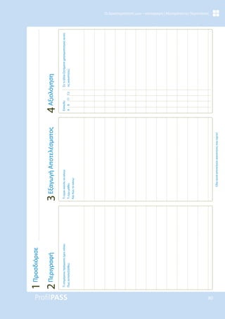 80
Οι Δραστηριότητές μου – καταγραφή | Αξιοπρόσεκτες Περιστάσεις
Τι
επιμέρους
πράγματα
έχεις
κάνει;
Πως
ανταπεξήλθες;
Τι
είμαι
ικανός
να
κάνω;
Τι
έχω
μάθει;
Και
πώς
το
κάνω;
Όλα
αυτά
αποτελούν
ικανότητες
που
έχετε!
Επίπεδο
A
B
Γ1
Γ2
Σε
τι
άλλα
ζητήματα
χρησιμοποίησες
αυτές
τις
ικανότητες;
4
Αξιολόγηση
3
Εξαγωγή
Αποτελέσματος
2
Περιγραφή
1
Προσδιόρισε
 
