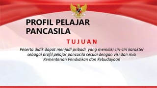 PROFIL PELAJAR
PANCASILA
T U J U A N
Peserta didik dapat menjadi pribadi yang memiliki ciri-ciri karakter
sebagai profil pelajar pancasila sesuai dengan visi dan misi
Kementerian Pendidikan dan Kebudayaan
 