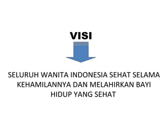 VISI
SELURUH WANITA INDONESIA SEHAT SELAMA
KEHAMILANNYA DAN MELAHIRKAN BAYI
HIDUP YANG SEHAT
 