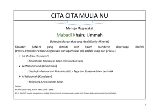 Menuju Masyarakat
Mabadi Khairu Ummah
(Menuju Masyarakat yang Ideal (Dunia-Akherat)
Karakter SANTRI yang dimiliki oleh kaum Nahdliyin diberbagai profesi
(Politisi,Pendidik,PeBisnis,Organisasi dan Agamawan dll) adalah sikap dan prilaku :
 As Shidiqu (Kejujuran)
: Amanah dan Transparan dalam menjalankan tugas
 Al Wafa bil’ahdi (Komitmen)
: Disiplin,Profesional dan Al Adalah (Adil) – Tegas dan Bijaksana dalam bertindak
 Al Istiqomah (Konsisten)
: Berjenjang,Tawwakal dan Sabar
Sumber :
KH. Machfudz Siddiq, Ketum. PBNU (1938 – 1944)
KH. A Muchith Muzadi mengatakan, Mabadi Khairu Ummah ini seharusnya menjadi Main Stream dalam pembinaan Umat Nahdliyin
CITA CITA MULIA NU
2
 