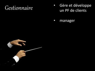 Gestionnaire • Gère et développe
un PF de clients
• manager
 