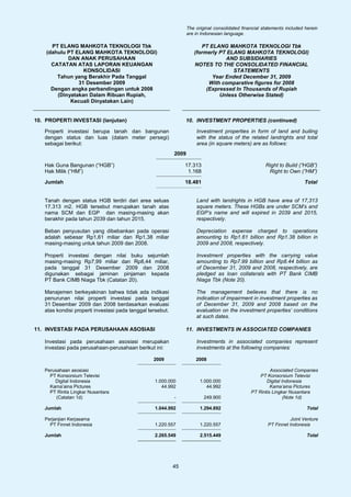 The original consolidated financial statements included herein
                                                                   are in Indonesian language.

      PT ELANG MAHKOTA TEKNOLOGI Tbk                                     PT ELANG MAHKOTA TEKNOLOGI Tbk
    (dahulu PT ELANG MAHKOTA TEKNOLOGI)                               (formerly PT ELANG MAHKOTA TEKNOLOGI)
            DAN ANAK PERUSAHAAN                                                   AND SUBSIDIARIES
      CATATAN ATAS LAPORAN KEUANGAN                                   NOTES TO THE CONSOLIDATED FINANCIAL
                  KONSOLIDASI                                                        STATEMENTS
        Tahun yang Berakhir Pada Tanggal                                     Year Ended December 31, 2009
                31 Desember 2009                                            With comparative figures for 2008
      Dengan angka perbandingan untuk 2008                                 (Expressed In Thousands of Rupiah
        (Dinyatakan Dalam Ribuan Rupiah,                                        Unless Otherwise Stated)
             Kecuali Dinyatakan Lain)


10. PROPERTI INVESTASI (lanjutan)                                10. INVESTMENT PROPERTIES (continued)

   Properti investasi berupa tanah dan bangunan                        Investment properties in form of land and builing
   dengan status dan luas (dalam meter persegi)                        with the status of the related landrights and total
   sebagai berikut:                                                    area (in square meters) are as follows:
                                                            2009

   Hak Guna Bangunan (“HGB”)                                     17.313                                 Right to Build (”HGB”)
   Hak Milik (“HM”)                                               1.168                                  Right to Own (”HM”)

   Jumlah                                                        18.481                                                   Total


   Tanah dengan status HGB terdiri dari area seluas                    Land with landrights in HGB have area of 17,313
   17.313 m2. HGB tersebut merupakan tanah atas                        square meters. These HGBs are under SCM’s and
   nama SCM dan EGP dan masing-masing akan                             EGP’s name and will expired in 2039 and 2015,
   berakhir pada tahun 2039 dan tahun 2015.                            respectively.

   Beban penyusutan yang dibebankan pada operasi                       Depreciation expense charged to operations
   adalah sebesar Rp1,61 miliar dan Rp1,38 miliar                      amounting to Rp1.61 billion and Rp1.38 billion in
   masing-masing untuk tahun 2009 dan 2008.                            2009 and 2008, respectively.

   Properti investasi dengan nilai buku sejumlah                       Investment properties with the carrying value
   masing-masing Rp7,99 miliar dan Rp8,44 miliar,                      amounting to Rp7.99 billion and Rp8.44 billion as
   pada tanggal 31 Desember 2009 dan 2008                              of December 31, 2009 and 2008, respectively, are
   digunakan sebagai jaminan pinjaman kepada                           pledged as loan collaterals with PT Bank CIMB
   PT Bank CIMB Niaga Tbk (Catatan 20).                                Niaga Tbk (Note 20).

   Manajemen berkeyakinan bahwa tidak ada indikasi                     The management believes that there is no
   penurunan nilai properti investasi pada tanggal                     indication of impairment in investment properties as
   31 Desember 2009 dan 2008 berdasarkan evaluasi                      of December 31, 2009 and 2008 based on the
   atas kondisi properti investasi pada tanggal tersebut.              evaluation on the investment properties’ conditions
                                                                       at such dates.

11. INVESTASI PADA PERUSAHAAN ASOSIASI                           11. INVESTMENTS IN ASSOCIATED COMPANIES

   Investasi pada perusahaan asosiasi merupakan                        Investments in associated companies represent
   investasi pada perusahaan-perusahaan berikut ini:                   investments at the following companies:

                                                  2009                 2008

   Perusahaan asosiasi                                                                                    Associated Companies
     PT Konsorsium Televisi                                                                          PT Konsorsium Televisi
       Digital Indonesia                          1.000.000              1.000.000                      Digital Indonesia
     Kama’aina Pictures                              44.992                 44.992                        Kama’aina Pictures
     PT Rintis Lingkar Nusantara                                                                 PT Rintis Lingkar Nusantara
        (Catatan 1d)                                        -              249.900                               (Note 1d)

   Jumlah                                         1.044.992              1.294.892                                         Total

   Perjanjian Kerjasama                                                                                             Joint Venture
     PT Finnet Indonesia                          1.220.557              1.220.557                       PT Finnet Indonesia

   Jumlah                                         2.265.549              2.515.449                                         Total




                                                            45
 