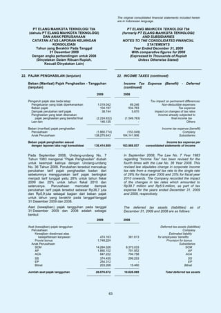The original consolidated financial statements included herein
                                                              are in Indonesian language.

      PT ELANG MAHKOTA TEKNOLOGI Tbk                                PT ELANG MAHKOTA TEKNOLOGI Tbk
    (dahulu PT ELANG MAHKOTA TEKNOLOGI)                          (formerly PT ELANG MAHKOTA TEKNOLOGI)
            DAN ANAK PERUSAHAAN                                              AND SUBSIDIARIES
      CATATAN ATAS LAPORAN KEUANGAN                              NOTES TO THE CONSOLIDATED FINANCIAL
                  KONSOLIDASI                                                   STATEMENTS
        Tahun yang Berakhir Pada Tanggal                                Year Ended December 31, 2009
                31 Desember 2009                                       With comparative figures for 2008
      Dengan angka perbandingan untuk 2008                            (Expressed In Thousands of Rupiah
        (Dinyatakan Dalam Ribuan Rupiah,                                   Unless Otherwise Stated)
             Kecuali Dinyatakan Lain)


22. PAJAK PENGHASILAN (lanjutan)                              22. INCOME TAXES (continued)

   Beban (Manfaat) Pajak Penghasilan - Tangguhan                  Income Tax Expense (Benefit) - Deferred
   (lanjutan)                                                     (continued)

                                                2009              2008

   Pengaruh pajak atas beda tetap:                                                    Tax impact on permanent differences:
     Pengeluaran yang tidak diperkenankan        1.019.042             69.246                 Non-deductible expenses
     Beban pajak                                   104.197            534.763                               Tax expense
     Dampak perubahan tarif pajak                   38.744              5.870           Impact on changes of tax rates
     Penghasilan yang telah dikenakan                                                      Income already subjected to
       pajak penghasilan yang bersifat final    (2.224.632)        (1.549.763)                       final income tax
     Lain-lain                                     146.135                  -                                    Others

   Beban (manfaat) pajak penghasilan                                                           Income tax expense (benefit)
     Perusahaan                                 (1.860.774)         (153.049)                                Company
     Anak Perusahaan                           138.275.643       164.141.906                               Subsidiaries

   Beban pajak penghasilan sesuai                                                                Income tax expense per
     dengan laporan laba rugi konsolidasi      136.414.869       163.988.857       consolidated statements of income


   Pada September 2008, Undang-undang No. 7                       In September 2008, The Law No. 7 Year 1983
   Tahun 1983 mengenai “Pajak Penghasilan” diubah                 regarding “Income Tax” has been revised for the
   untuk keempat kalinya dengan Undang-undang                     fourth times with the Law No. 36 Year 2008. This
   No. 36 Tahun 2008. Perubahan tersebut mencakup                 revised law stipulates change in corporate income
   perubahan tarif pajak penghasilan badan dari                   tax rate from a marginal tax rate to the single rate
   sebelumnya menggunakan tarif pajak bertingkat                  of 28% for fiscal year 2009 and 25% for fiscal year
   menjadi tarif tunggal yaitu 28% untuk tahun fiskal             2010 onwards. The Company recorded the impact
   2009 dan 25% untuk tahun fiskal 2010 dan                       of the changes in tax rates which amounted to
   seterusnya.     Perusahaan     mencatat   dampak               Rp38.7 million and Rp5.9 million, as part of tax
   perubahan tarif pajak tersebut sebesar Rp38,7 juta             expense for the years ended December 31, 2009
   dan Rp5,9 juta sebagai bagian dari beban pajak                 and 2008, respectively.
   untuk tahun yang berakhir pada tanggal-tanggal
   31 Desember 2009 dan 2008.
   Aset (kewajiban) pajak tangguhan pada tanggal                  The deferred tax assets (liabilities) as                  of
   31 Desember 2009 dan 2008 adalah sebagai                       December 31, 2009 and 2008 are as follows:
   berikut:
                                                2009              2008

   Aset (kewajiban) pajak tangguhan                                                           Deferred tax assets (liabilities)
     Perusahaan                                                                                                Company
        Kewajiban diestimasi atas                                                                   Estimated liability
           kesejahteraan karyawan                  474.163            361.613               for employees’ benefits
        Provisi bonus                            1.748.224                  -                     Provision for bonus
     Anak Perusahaan                                                                                        Subsidiaries
        SCM                                     14.284.326          8.373.033                                    SCM
        AP                                       1.890.102            781.952                                      AP
        ACA                                        847.222            794.758                                    ACA
        SS                                         374.455            299.253                                      SS
        EP                                         254.312                  -                                      EP
        Bitnet                                     203.268             15.460                                   Bitnet

   Jumlah aset pajak tangguhan                  20.076.072         10.626.069                    Total deferred tax assets




                                                        63
 