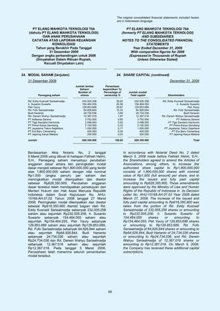 The original consolidated financial statements included herein
                                                               are in Indonesian language.

      PT ELANG MAHKOTA TEKNOLOGI Tbk                                     PT ELANG MAHKOTA TEKNOLOGI Tbk
    (dahulu PT ELANG MAHKOTA TEKNOLOGI)                               (formerly PT ELANG MAHKOTA TEKNOLOGI)
            DAN ANAK PERUSAHAAN                                                   AND SUBSIDIARIES
      CATATAN ATAS LAPORAN KEUANGAN                                   NOTES TO THE CONSOLIDATED FINANCIAL
                  KONSOLIDASI                                                        STATEMENTS
        Tahun yang Berakhir Pada Tanggal                                     Year Ended December 31, 2009
                31 Desember 2009                                            With comparative figures for 2008
      Dengan angka perbandingan untuk 2008                                 (Expressed In Thousands of Rupiah
        (Dinyatakan Dalam Ribuan Rupiah,                                        Unless Otherwise Stated)
             Kecuali Dinyatakan Lain)


24. MODAL SAHAM (lanjutan)                                     24. SHARE CAPITAL (continued)
   31 Desember 2008                                                                                   December 31, 2008
                                   Jumlah lembar       Persentase
                                      Saham/         kepemilikan %/
                                     Number of       Percentage of        Jumlah modal/
            Pemegang saham            shares          ownership %          Total capital             Shareholders

   Rd. Eddy Kusnadi Sariaatmadja       232.005.258             36,92          232.005.258       Rd. Eddy Kusnadi Sariaatmadja
   Ir. Susanto Suwarto                 154.464.055             24,58          154.464.055                   Ir. Susanto Suwarto
   Piet Yaury                          129.853.689             20,67          129.853.689                             Piet Yaury
   Rd. Fofo Sariaatmadja                64.926.844             10,33           64.926.844                Rd. Fofo Sariaatmadja
   Budi Harianto                        24.734.036              3,94           24.734.036                          Budi Harianto
   Rd. Darwin Wahyu Sariaatmadja        12.367.018              1,97           12.367.018       Rd. Darwin Wahyu Sariaatmadja
   PT Adikarsa Sarana                    3.752.000              0,60            3.752.000                   PT Adikarsa Sarana
   PT Tiga Saudara Harmonis              2.498.000              0,40            2.498.000            PT Tiga Saudara Harmonis
   PT Prima Karya Gemilang               2.100.000              0,33            2.100.000             PT Prima Karya Gemilang
   PT Jayatama Tekno Sejahtera           1.050.000              0,17            1.050.000         PT Jayatama Tekno Sejahtera
   PT Era Baru Cemerlang                   400.000              0,06              400.000               PT Era Baru Cemerlang
   PT Jejaring Karya Matana                200.000              0,03              200.000             PT Jejaring Karya Matana

   Jumlah                              628.350.900           100,00           628.350.900                                 Total



   Berdasarkan Akta Notaris No. 2 tanggal                              In accordance with Notarial Deed No. 2 dated
   5 Maret 2008 yang dibuat di hadapan Fathiah Helmi,                  March 5, 2008 made before Fathiah Helmi, S.H.,
   S.H., Pemegang saham menyetujui perubahan                           the Shareholders agreed to amend the Articles of
   anggaran dasar antara lain peningkatan modal                        Associations, among others, to increase the
   dasar menjadi sebesar Rp1.800.000.000 yang terdiri                  authorized share capital to Rp1,800,000,000
   atas 1.800.000.000 saham dengan nilai nominal                       consists of 1,800,000,000 shares with nominal
   Rp1.000 (angka penuh) per saham dan                                 value of Rp1,000 (full amount) per share, and to
   meningkatkan modal ditempatkan dan disetor                          increase the issued and fully paid capital
   sebesar Rp628.350.900. Perubahan anggaran                           amounting to Rp628,350,900. These amendments
   dasar tersebut telah mendapatkan persetujuan dari                   were approved by the Ministry of Law and Human
   Menteri Hukum dan Hak Asasi Manusia Republik                        Rights of the Republic of Indonesia in its Decision
   Indonesia dalam Surat Keputusan No. AHU-                            Letter No. AHU-15169.AH.01.02 Year 2008 dated
   15169.AH.01.02 Tahun 2008 tanggal 27 Maret                          March 27, 2008. The increase of the issued and
   2008. Peningkatan modal ditempatkan dan disetor                     fully paid capital amounting to Rp618,350,900 was
   sebesar Rp618.350.900 diambil bagian oleh Rd.                       taken from the portion of Rd. Eddy Kusnadi
   Eddy Kusnadi Sariaatmadja sebanyak 232.005.258                      Sariaatmadja of 232,005,258 shares or amounting
   saham atau sejumlah Rp232.005.258, Ir. Susanto                      to Rp232,005,258; Ir. Susanto Suwarto of
   Suwarto sebanyak 154.464.055 saham atau                             154,464,055        shares    or   amounting      to
   sejumlah Rp154.464.055, Piet Yaury sebanyak                         Rp154,464,055; Piet Yaury of 129,853,689 shares
   129.853.689 saham atau sejumlah Rp129.853.689,                      or amounting to Rp129,853,689, Rd. Fofo
   Rd. Fofo Sariaatmadja sebanyak 64.926.844 saham                     Sariaatmadja of 64,926,844 shares or amounting to
   atau sejumlah Rp64.926.844, Budi Harianto                           Rp64,926,844; Budi Harianto of 24,734,036 shares
   sebanyak 24.734.036 saham atau sejumlah                             or amounting to Rp24,734,036; and Rd. Darwin
   Rp24.734.036 dan Rd. Darwin Wahyu Sariaatmadja                      Wahyu Sariaatmadja of 12,367,018 shares or
   sebanyak 12.367.018 saham atau sejumlah                             amounting to Rp12,367,018. On March 5, 2008,
   Rp12.367.018. Pada tanggal 5 Maret 2008,                            the Company has received these additional capital
   Perusahaan telah menerima seluruh penambahan                        subscriptions.
   modal tersebut.




                                                        65
 
