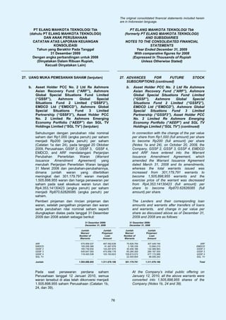 The original consolidated financial statements included herein
                                                                      are in Indonesian language.

     PT ELANG MAHKOTA TEKNOLOGI Tbk                                         PT ELANG MAHKOTA TEKNOLOGI Tbk
   (dahulu PT ELANG MAHKOTA TEKNOLOGI)                                   (formerly PT ELANG MAHKOTA TEKNOLOGI)
           DAN ANAK PERUSAHAAN                                                       AND SUBSIDIARIES
     CATATAN ATAS LAPORAN KEUANGAN                                       NOTES TO THE CONSOLIDATED FINANCIAL
                 KONSOLIDASI                                                            STATEMENTS
       Tahun yang Berakhir Pada Tanggal                                         Year Ended December 31, 2009
               31 Desember 2009                                                With comparative figures for 2008
     Dengan angka perbandingan untuk 2008                                     (Expressed In Thousands of Rupiah
       (Dinyatakan Dalam Ribuan Rupiah,                                            Unless Otherwise Stated)
            Kecuali Dinyatakan Lain)


27. UANG MUKA PEMESANAN SAHAM (lanjutan)                              27. ADVANCES     FOR      FUTURE                     STOCK
                                                                          SUBSCRIPTIONS (continued)
   b.   Asset Holder PCC No. 2 Ltd Re Ashmore                             b.      Asset Holder PCC No. 2 Ltd Re Ashmore
        Asian Recovery Fund (“ARF”), Ashmore                                      Asian Recovery Fund (“ARF”), Ashmore
        Global Special Situations Fund Limited                                    Global Special Situations Fund Limited
        (“GSSF”),    Ashmore     Global      Special                              (“GSSF”),    Ashmore    Global     Special
        Situations Fund 2 Limited (“GSSF2”),                                      Situations Fund 2 Limited (“GSSF2”),
        EMDCD Ltd (“EMDCD”), Ashmore Global                                       EMDCD Ltd (“EMDCD”), Ashmore Global
        Special   Situations   Fund     3    Limited                              Special Situations Fund 3 Limited
        Partnership (“GSSF3”), Asset Holder PCC                                   Partnership (“GSSF3”), Asset Holder PCC
        No. 2 Limited Re Ashmore Emerging                                         No. 2 Limited Re Ashmore Emerging
        Economy Portfolio (“AEEP”) dan SGL TV                                     Economy Portfolio (“AEEP”) and SGL TV
        Holdings Limited (“SGL TV”) (lanjutan)                                    Holdings Limited (“SGL TV”) (continued)
        Sehubungan dengan perubahan nilai nominal                                In connection with the change of the par value
        saham dari Rp1.000 (angka penuh) per saham                               per share from Rp1,000 (full amount) per share
        menjadi Rp200 (angka penuh) per saham                                    to become Rp200 (full amount) per share
        (Catatan 1a dan 24), pada tanggal 20 Oktober                             (Notes 1a and 24), on October 20, 2009, the
        2009, Perusahaan, GSSF 2, GSSF 3, GSSF 4,                                Company, GSSF 2, GSSF 3, GSSF 4, EMDCD
        EMDCD, and ARF mendatangani Perjanjian                                   and ARF have entered into the Warrant
        Perubahan    Penerbitan    Waran    (Warrant                             Issuance Amendment Agreement, which
        Issuance   Amendment      Agreement)   yang                              amended the Warrant Issuance Agreement
        merubah Perjanjian Penerbitan Waran tanggal                              dated March 31, 2008 and its amendments,
        31 Maret 2008 dan perubahan-perubahannya,                                whereas the total warrants issued was
        dimana jumlah waran yang diterbitkan                                     increased from 301,179,791 warrants to
        meningkat dari 301.179.791 waran menjadi                                 become 1,505,898,955 warrants and the
        1.505.898.955 waran dan harga penawaran per                              exercise price of the warrant was decreased
        saham pada saat eksekusi waran turun dari                                from Rp4,353.14130423 (full amount) per
        Rp4.353,14130423 (angka penuh) per saham                                 share to become Rp870.62826085 (full
        menjadi Rp870,62826085 (angka penuh) per                                 amount) per share.
        saham.
        Pemberi pinjaman dan rincian pinjaman dan                                The Lenders and their corresponding loan
        waran, setelah pengalihan pinjaman dan waran                             amounts and warrants after transfers of loans
        serta perubahan nilai nominal saham seperti                              and warrants, and change in par value per
        diungkapkan diatas pada tanggal 31 Desember                              share as discussed above as of December 31,
        2009 dan 2008 adalah sebagai berikut:                                    2009 and 2008 are as follows:
                                         31 Desember 2009/                     31 Desember 2008/
                                         December 31, 2009                     December 31, 2008

                                     Jumlah            Jumlah            Jumlah              Jumlah
                                     Warran/          Pinjaman/          Warran/            Pinjaman/
                                    Number of           Loan            Number of             Loan
                                    Warrants           Amount           Warrants             Amount

        ARF                          570.958.537       497.092.638         70.626.794        307.449.746                        ARF
        EMDCD                        105.059.396        91.467.679          3.195.335         13.894.215                      EMDCD
        GSSF 2                       165.739.934       144.297.870         30.406.186        132.368.563                      GSSF 2
        GSSF 3                       545.647.550       475.056.178         65.280.300        284.187.354                      GSSF 3
        GSSF 4                       118.493.538       103.163.823        109.615.572        477.172.068                      GSSF 4
        SGL TV                                 -                 -         22.055.604         96.006.242                      SGL TV

        Jumlah                      1.505.898.955     1.311.078.188      301.179.791        1.311.078.188                       Total



        Pada saat penawaran perdana saham                                        At the Company’s initial public offering on
        Perusahaan tanggal 12 Januari 2010, semua                                January 12, 2010, all the above warrants were
        waran tersebut di atas telah dikonversi menjadi                          converted into 1,505,898,955 shares of the
        1.505.898.955 saham Perusahaan (Catatan 1b,                              Company (Notes 1b, 24 and 39).
        24, dan 39).


                                                              76
 