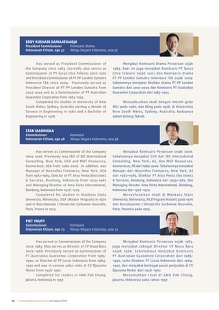 EDDY KUsnADi sARiAATMADjA
            President Commissioner                       Komisaris utama
            Indonesian Citizen, age 57                   Warga negara indonesia, usia 57



                   has served as president Commissioner of                                 Menjabat Komisaris utama perseroan sejak
            the Company since 1983. Currently also serves as                        1983. Saat ini juga menjabat Komisaris pt Surya
            Commissioner of pt Surya Citra televisi since 2001                      Citra televisi sejak 2001 dan Komisaris utama
            and president Commissioner of pt pp london Sumatra                      pt pp london Sumatra Indonesia tbk sejak 2009.
            Indonesia tbk since 2009. previously served as                          Sebelumnya menjabat Direktur utama pt pp london
            president Director of pt pp london Sumatra from                         Sumatra dari 2007-2009 dan Komisaris pt australian
            2007-2009 and as a Commissioner of pt australian                        Guarantee Corporation dari 1983-1993.
            Guarantee Corporation from 1983-1993.
                   Completed his studies in university of new                             Menyelesaikan studi dengan meraih gelar
            South Wales, Sydney, australia earning a Master of                      MSc pada 1980, dan Beng pada 1978, di universitas
            Science in engineering in 1980 and a Bachelor of                        new South Wales, Sydney, australia, keduanya
            engineering in 1978.                                                    dalam bidang teknik.



            sTAn MARinGKA
            Commissioner                                 Komisaris
            Indonesian Citizen, age 58                   Warga negara indonesia, usia 58


                    has served as Commissioner of the Company                               Menjabat Komisaris perseroan sejak 2006.
            since 2006. previously was Ceo of IDC International                     Sebelumnya menjabat Ceo dari IDC International
            Consulting, new York, uSa and MGt resources,                            Consulting, new York , aS, dan MGt resources,
            Connecticut, uSa from 1989-2006. In addition, was                       Connecticut, aS dari 1989-2006. Sebelumnya menjabat
            Manager of nouvelles Frontieres, new York, uSa                          Manajer dari nouvelles Frontieres, new York, aS
            from 1983-1989, Director of pt arya penta electronics                   dari 1983-1989, Direktur pt arya penta electronics
            & Services, Bandung, Indonesia from 1979-1982                           & Services, Bandung, Indonesia dari 1979-1982, dan
            and Managing Director of ama Forta International,                       Managing Director ama Forta International, Bandung,
            Bandung, Indonesia from 1976-1979.                                      Indonesia dari 1976-1979.
                    Completed his studies in Mankato State                                  M e nye l e s a i k a n s t u d i d i M a n k ato St ate
            university, Minnesota, uSa (Master program) in 1976                     university, Minnesota, aS (program Master) pada 1976
            and in Baccalaurate l’universite Sorbonne nouvelle,                     dan Baccalaurate l’universite Sorbonne nouvelle,
            paris, France in 1974.                                                  paris, perancis pada 1974.


            piET YAURY
            Commissioner                                 Komisaris
            Indonesian Citizen, age 73                   Warga negara indonesia, usia 73


                   has served as Commissioner of the Company                                  Menjabat Komisaris perseroan sejak 1983.
            since 1983. also serves as Director of CV Masa Baru                     Juga menjabat sebagai Direktur CV Masa Baru
            since 1968. previously served as Commissioner of                        s e j a k 1 9 6 8 . S e b e l u m nya m e n j a b at Ko m i s a r i s
            pt australian Guarantee Corporation from 1985-                          pt australian Guarantee Corporation dari 1985-
            1990, as Director of pt lucas Indonesia from 1984-                      1990, serta Direktur pt lucas Indonesia dari 1984-
            1992 and was in various sales roles at CV Djasuma                       1992, dan menjabat berbagai posisi penjualan di CV
            Motor from 1958-1967.                                                   Djasuma Motor dari 1958-1967.
                   Completed his studies in SMu pah Chung,                                    M e n a m a t k a n s t u d i d i S M u pa h C h u n g ,
            Jakarta, Indonesia in 1957.                                             Jakarta, Indonesia pada tahun 1957.




12   PT ELANG MAHKOTA TEKNOLOGI Tbk 2009 annual report
 