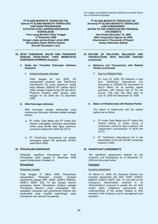 The original consolidated financial statements included herein
                                                               are in Indonesian language.

      PT ELANG MAHKOTA TEKNOLOGI Tbk                                 PT ELANG MAHKOTA TEKNOLOGI Tbk
    (dahulu PT ELANG MAHKOTA TEKNOLOGI)                           (formerly PT ELANG MAHKOTA TEKNOLOGI)
            DAN ANAK PERUSAHAAN                                               AND SUBSIDIARIES
      CATATAN ATAS LAPORAN KEUANGAN                               NOTES TO THE CONSOLIDATED FINANCIAL
                  KONSOLIDASI                                                    STATEMENTS
        Tahun yang Berakhir Pada Tanggal                                 Year Ended December 31, 2009
                31 Desember 2009                                        With comparative figures for 2008
      Dengan angka perbandingan untuk 2008                             (Expressed In Thousands of Rupiah
        (Dinyatakan Dalam Ribuan Rupiah,                                    Unless Otherwise Stated)
             Kecuali Dinyatakan Lain)


35. SIFAT HUBUNGAN, SALDO DAN TRANSAKSI                        35. NATURE OF RELATION, BALANCES AND
    DENGAN PIHAK-PIHAK YANG MEMPUNYAI                              TRANSACTIONS WITH RELATED PARTIES
    HUBUNGAN ISTIMEWA (lanjutan)                                   (continued)

   a.   Saldo dan Transaksi Hubungan Istimewa                      a.   Balances and Transactions with Related
        (lanjutan)                                                      Parties (continued)

        2.   Hutang hubungan istimewa                                   2.    Due to a Related Party

             Pada tanggal 22 Juni 2009, SS                                    On June 22, 2009, SS obtained a loan
             memperoleh pinjaman dari TeleChoice                              from    TeleChoice   International Ltd,
             International Ltd untuk keperluan modal                          amounting to US$243,152 (equivalent to
             kerja sebesar AS$243.152 (setara Rp2,5                           Rp2.5 billion) for its working capital
             miliar) dengan tingkat bunga 5% per tahun.                       purposes, with interest rate at 5% per
             Pinjaman tersebut telah dibayar pada                             annum. This loan had been paid on
             tanggal 18 Juli 2009 dan 25 Desember                             July 18, 2009 and December 25, 2009.
             2009.

   b. Sifat Hubungan Istimewa                                      b.   Nature of Relationship with Related Parties

        Sifat hubungan dengan pihak-pihak yang                          The nature of relationship with the related
        mempunyai hubungan istimewa adalah sebagai                      parties are as follow:
        berikut:

        a. PT Indika Cipta Media dan PT Indika Siar                      a.   PT Indika Cipta Media and PT Indika Siar
             Sarana merupakan kelompok perusahaan                             Sarana belong to Indika Group of
             Indika yang dimiliki oleh Agus Lasmono,                          companies, owned by Agus Lasmono, the
             komisaris independen SCM dan SCTV.                               independent commissioner of SCM and
                                                                              SCTV.

        b. PT TeleChoice International Ltd adalah                       b.    PT TeleChoice International Ltd is the
             pemegang saham SS sebanyak 49,04%                                shareholder of SS with 49.04% ownership
             pada tahun 2009.                                                 interest in 2009.

36. PERJANJIAN SIGNIFIKAN                                      36. SIGNIFICANT AGREEMENTS

   Perjanjian signifikan Perusahaan dan Anak                       The significant agreements entered by the
   Perusahaan pada tanggal 31 Desember 2009                        Company and Subsidiaries as of December 31,
   seperti didiskusikan di bawah ini:                              2009 are discussed below:
   Perusahaan                                                      Company

   Perjanjian Investor                                             Investors Agreement

   Pada tanggal 31 Maret 2008, Perusahaan                          On March 31, 2008, the Company entered into
   mengadakan       Perjanjian  Investor   (Investor               Investors Agreement with ARF, GSSF, GSSF2,
   Agreement) dengan ARF, GSSF, GSSF2, EMDCD,                      EMDCD, GSSF3, AEEP, SGL TV; and with all the
   GSSF3, AEEP, SGL TV dan dengan seluruh                          Company’s       Shareholders   (referred to   as
   pemegang saham Perusahaan (disebut sebagai                      “Shareholders”) pursuant to parties the set forth
   “Pemegang Saham”) untuk menetapkan hak,                         certain rights, obligations, agreements and
   kewajiban, perjanjian dan pemahaman tertentu dari               understandings of the parties relating to their
   pihak-pihak yang memiliki kepentingan pada                      interests in the Company, and its management and
   manajemen dan operasi Perusahaan.                               operation.




                                                          86
 