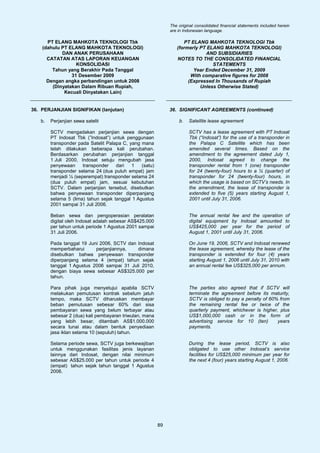 The original consolidated financial statements included herein
                                                              are in Indonesian language.

      PT ELANG MAHKOTA TEKNOLOGI Tbk                                PT ELANG MAHKOTA TEKNOLOGI Tbk
    (dahulu PT ELANG MAHKOTA TEKNOLOGI)                          (formerly PT ELANG MAHKOTA TEKNOLOGI)
            DAN ANAK PERUSAHAAN                                              AND SUBSIDIARIES
      CATATAN ATAS LAPORAN KEUANGAN                              NOTES TO THE CONSOLIDATED FINANCIAL
                  KONSOLIDASI                                                   STATEMENTS
        Tahun yang Berakhir Pada Tanggal                                Year Ended December 31, 2009
                31 Desember 2009                                       With comparative figures for 2008
      Dengan angka perbandingan untuk 2008                            (Expressed In Thousands of Rupiah
        (Dinyatakan Dalam Ribuan Rupiah,                                   Unless Otherwise Stated)
             Kecuali Dinyatakan Lain)


36. PERJANJIAN SIGNIFIKAN (lanjutan)                          36. SIGNIFICANT AGREEMENTS (continued)

   b.   Perjanjian sewa satelit                                   b.   Satellite lease agreement

        SCTV mengadakan perjanjian sewa dengan                         SCTV has a lease agreement with PT Indosat
        PT Indosat Tbk (”Indosat”) untuk penggunaan                    Tbk (“Indosat”) for the use of a transponder in
        transponder pada Satelit Palapa C, yang mana                   the Palapa C Satellite which has been
        telah dilakukan beberapa kali perubahan.                       amended several times. Based on the
        Berdasarkan perubahan perjanjian tanggal                       amendment to the agreement dated July 1,
        1 Juli 2000, Indosat setuju mengubah jasa                      2000, Indosat agreed to change the
        penyewaan     transponder    dari   1   (satu)                 transponder rental from 1 (one) transponder
        transponder selama 24 (dua puluh empat) jam                    for 24 (twenty-four) hours to a ¼ (quarter) of
        menjadi ¼ (seperempat) transponder selama 24                   transponder for 24 (twenty-four) hours, in
        (dua puluh empat) jam, sesuai kebutuhan                        which the usage is based on SCTV’s needs. In
        SCTV. Dalam perjanjian tersebut, disebutkan                    the amendment, the lease of transponder is
        bahwa penyewaan transponder diperpanjang                       extended to five (5) years starting August 1,
        selama 5 (lima) tahun sejak tanggal 1 Agustus                  2001 until July 31, 2006.
        2001 sampai 31 Juli 2006.

        Beban sewa dan pengoperasian peralatan                         The annual rental fee and the operation of
        digital oleh Indosat adalah sebesar AS$425.000                 digital equipment by Indosat amounted to
        per tahun untuk periode 1 Agustus 2001 sampai                  US$425,000 per year for the period of
        31 Juli 2006.                                                  August 1, 2001 until July 31, 2006.

        Pada tanggal 19 Juni 2006, SCTV dan Indosat                    On June 19, 2006, SCTV and Indosat renewed
        memperbaharui      perjanjiannya,   dimana                     the lease agreement, whereby the lease of the
        disebutkan bahwa penyewaan transponder                         transponder is extended for four (4) years
        diperpanjang selama 4 (empat) tahun sejak                      starting August 1, 2006 until July 31, 2010 with
        tanggal 1 Agustus 2006 sampai 31 Juli 2010,                    an annual rental fee US$325,000 per annum.
        dengan biaya sewa sebesar AS$325.000 per
        tahun.

        Para pihak juga menyetujui apabila SCTV                        The parties also agreed that if SCTV will
        melakukan pemutusan kontrak sebelum jatuh                      terminate the agreement before its maturity,
        tempo, maka SCTV diharuskan membayar                           SCTV is obliged to pay a penalty of 60% from
        beban pemutusan sebesar 60% dari sisa                          the remaining rental fee or twice of the
        pembayaran sewa yang belum terbayar atau                       quarterly payment, whichever is higher, plus
        sebesar 2 (dua) kali pembayaran triwulan, mana                 US$1,000,000 cash or in the form of
        yang lebih besar, ditambah AS$1.000.000                        advertising service for 10 (ten)       years
        secara tunai atau dalam bentuk penyediaan                      payments.
        jasa iklan selama 10 (sepuluh) tahun.

        Selama periode sewa, SCTV juga berkewajiban                    During the lease period, SCTV is also
        untuk menggunakan fasilitas jenis layanan                      obligated to use other Indosat’s service
        lainnya dari Indosat, dengan nilai minimum                     facilities for US$25,000 minimum per year for
        sebesar AS$25.000 per tahun untuk periode 4                    the next 4 (four) years starting August 1, 2006.
        (empat) tahun sejak tahun tanggal 1 Agustus
        2006.




                                                         89
 