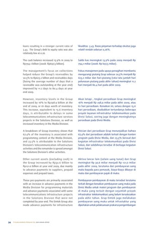 loans resulting in a stronger current ratio of    likuiditas 3.43. rasio pinjaman terhadap ekuitas juga
                  3.43. the Group’s debt to equity ratio was also   relatif rendah sebesar 0,26%.
                  relatively low at 0.26.

                  the cash balance increased 13.9% in 2009 to       Saldo kas meningkat 13,9% pada 2009 menjadi rp
                  rp794.1 billion (2008: rp697.5 billion).          794,1 miliar (2008: rp 697,5 miliar).

                  the management’s focus on collections             Fokus manajemen pada upaya penagihan membantu
                  helped reduce the Group’s receivables by          mengurangi piutang Grup sebesar 20,5% menjadi rp
                  20.5% to rp623.2 billion and receivables days     623,2 miliar dan hari-piutang (rata-rata jumlah hari
                  (being the average number of days that a          pelunasan piutang pada akhir tahun) meningkat 11,2
                  receivable was outstanding at the year end)       hari menjadi 80,4 hari pada akhir 2009.
                  improved by 11.2 days to 80.4 days at year
                  end 2009.

                  however, inventory levels in the Group            akan tetapi , tingkat persediaan Grup meningkat
                  increased by 16% to rp298.9 billion at the        16% menjadi rp 298,9 miliar pada akhir 2009, atau
                  end of 2009, or 61 days worth of inventory.       61 hari persediaan. Kenaikan ini, setara dengan 15,6
                  this increase, equivalent to 15.6 inventory       hari persediaan, disebabkan tertundanya beberapa
                  days, is attributable to delays in some           proyek layanan infrastruktur telekomunikasi pada
                  telecommunications infrastructure services        Divisi Solusi, seiring juga dengan meningkatnya
                  projects in the Solutions Division, as well as    persediaan pada Divisi Media.
                  increased inventory in the Media Division.

                  a breakdown of Group inventory shows that         rincian dari persediaan Grup menunjukkan bahwa
                  67.4% of the inventory is associated with         67,4% dari persediaan adalah terkait dengan konten
                  programming content at the Media Division,        program pada Divisi Media, dan 23,5% berasal dari
                  and 23.5% is attributable to the Solutions        kegiatan infrastruktur telekomunikasi pada Divisi
                  Division’s telecommunication infrastructure       Solusi, dan selebihnya tersebar di berbagai kegiatan
                  activities and the remainder is spread amongst    Divisi Solusi.
                  the Solutions Division’s other activities.

                  other current assets (excluding cash) in          aktiva lancar lain (selain uang tunai) dari Grup
                  the Group increased by rp30.6 billion to          meningkat rp 30,6 miliar menjadi rp 121,0 miliar
                  rp121.0 billion at year end 2009, due mainly      pada akhir 2009, terutama dari pembayaran uang
                  to advance payments to suppliers, prepaid         muka kepada para pemasok, biaya-biaya dibayar di
                  expenses and prepaid taxes.                       muka dan pembayaran pajak di muka.

                  these pre-payments are primarily associated       pembayaran-pembayaran di muka tersebut terutama
                  with an increase in advance payments in the       terkait dengan kenaikan pembayaran uang muka pada
                  Media Division for programming materials          Divisi Media untuk materi program dan pembayaran
                  and advance payments associated with some         di muka yang terkait dengan sejumlah proyek
                  telecommunications infrastructure projects        infrastruktur telekomunikasi yang belum terselesaikan
                  in the Solutions Division that were not           pada akhir tahun. Grup emtek juga melakukan
                  completed by year end. the emtek Group also       pembayaran uang muka untuk infrastuktur yang
                  made advance payments for infrastructure          diperlukan untuk pelaksanaan prakarsa pengembangan




34   PT ELANG MAHKOTA TEKNOLOGI Tbk 2009 annual report
 