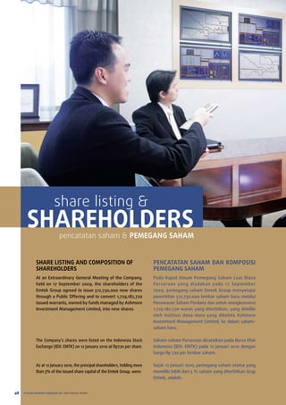 share listing &
       SHAREHOLDERS             pencatatan saham & PEMEGANG SAHAM


              SHARE LISTING AND COMPOSITION OF                                  PENCATATAN SAHAM DAN KOMPOSISI
              SHAREHOLDERS                                                      PEMEGANG SAHAM
              at an extraordinary General Meeting of the Company,               pada rapat umum pemegang Saham luar Biasa
              held on 17 September 2009, the shareholders of the                perseroan yang diadakan pada 17 September
              emtek Group agreed to issue 512,730,000 new shares                2009, pemegang saham emtek Group menyetujui
              through a public offering and to convert 1,729,182,720            penerbitan 512.730.000 lembar saham baru melalui
              issued warrants, owned by funds managed by ashmore                penawaran Saham perdana dan untuk mengkonversi
              Investment Management limited, into new shares.                   1.729.182.720 waran yang diterbitkan, yang dimiliki
                                                                                oleh institusi dana-dana yang dikelola ashmore
                                                                                Investment Management limited, ke dalam saham-
                                                                                saham baru.

              the Company’s shares were listed on the Indonesia Stock           Saham-saham perseroan dicatatkan pada Bursa efek
              exchange (IDx: eMtK) on 12 January 2010 at rp720 per share.       Indonesia (IDx: eMtK) pada 12 Januari 2010 dengan
                                                                                harga rp 720 per lembar saham.

              as at 12 January 2010, the principal shareholders, holding more   Sejak 12 Januari 2010, pemegang saham utama yang
              than 5% of the issued share capital of the emtek Group, were:     memiliki lebih dari 5 % saham yang diterbitkan Grup
                                                                                emtek, adalah:


48   PT ELANG MAHKOTA TEKNOLOGI Tbk 2009 annual report
 
