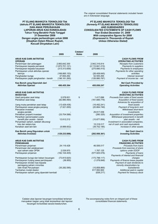 The original consolidated financial statements included herein
                                                                        are in Indonesian language.

      PT ELANG MAHKOTA TEKNOLOGI Tbk                                        PT ELANG MAHKOTA TEKNOLOGI Tbk
    (dahulu PT ELANG MAHKOTA TEKNOLOGI)                                  (formerly PT ELANG MAHKOTA TEKNOLOGI)
            DAN ANAK PERUSAHAAN                                                      AND SUBSIDIARIES
       LAPORAN ARUS KAS KONSOLIDASI                                     CONSOLIDATED STATEMENTS OF CASH FLOWS
        Tahun Yang Berakhir Pada Tanggal                                        Year Ended December 31, 2009
                 31 Desember 2009                                              With comparative figures for 2008
      Dengan angka perbandingan untuk 2008                                    (Expressed In Thousands of Rupiah
         (Disajikan Dalam Ribuan Rupiah,                                            Unless Otherwise Stated)
             Kecuali Dinyatakan Lain)


                                                             Catatan/
                                            2009              Notes              2008

ARUS KAS DARI AKTIVITAS                                                                                       CASH FLOWS FROM
OPERASI                                                                                                    OPERATING ACTIVITIES
Penerimaan dari pelanggan                 2.993.642.300                        2.942.316.814                Receipts from customers
Pembayaran kepada pemasok                (1.872.701.121)                      (2.110.841.215)                 Payments to suppliers
Pembayaran kepada karyawan                 (313.313.659)                        (275.685.415)                Payments to employees
Pembayaran untuk aktivitas operasi                                                                       Payments for other operating
  lainnya                                 (168.665.153)                          (26.408.645)                            activities
Penghasilan bunga                           47.654.262                            52.555.495                        Interest received
Pembayaran pajak penghasilan - bersih     (196.161.265)                         (126.880.787)             Payment of income tax - net

Kas Bersih yang Diperoleh dari                                                                                Net Cash Provided by
  Aktivitas Operasi                        490.455.364                          455.056.247                  Operating Activities


ARUS KAS DARI AKTIVITAS                                                                                          CASH FLOWS FROM
INVESTASI                                                                                                     INVESTING ACTIVITIES
Hasil penjualan aset tetap                    5.578.831         9                  1.417.696       Proceeds from sales of fixed assets
Perolehan aset tetap                        (82.880.460)                        (161.685.776)                Acquisition of fixed assets
                                                                                                            Advances for acquisition of
Uang muka perolehan aset tetap              (13.429.436)                         (16.492.241)                            fixed assets
Pembayaran sewa jangka panjang               (7.521.655)                         (20.664.749)                Payment of long-term rent
Pencairan investasi                                                                                              Withdrawal short-term
  jangka pendek                                        -                          29.817.058                            investments
Perolehan properti investasi                (33.704.588)                            (280.325)      Acquisition of investment properties
Penarikan (penempatan) pada                                                                          Withdrawal (placement) in benefit
  benefit plan assets - bersih              12.612.212                           (10.677.856)                       plan assets - net
Penyertaan saham, setelah dikurangi                                                              Investment in associated companies,
  kas dan setara kas                                  -                           15.318.017     net of cash and cash equivalents
Kenaikan aset lain-lain                      (9.888.602)                         (39.702.185)                  Increase in other assets

Kas Bersih yang Digunakan untuk                                                                                    Net Cash Used in
  Aktivitas Investasi                     (129.233.698)                         (202.950.361)                 Investing Activities


ARUS KAS DARI AKTIVITAS                                                                                        CASH FLOWS FROM
PENDANAAN                                                                                                  FINANCING ACTIVITIES
Penerimaan pinjaman                         24.116.428                            46.506.017                     Proceeds from loans
Penerimaan dari pelaksanaan                                                                          Proceeds from exercise of share
  opsi saham atas OPSK                       2.539.970                             1.767.125                options under ESOP
Pembayaran pinjaman                       (182.104.405)                         (577.825.578)                      Payments of loans
                                                                                                    Payments of interest and financial
Pembayaran bunga dan beban keuangan         (73.815.620)                        (173.798.117)                             charges
Pembayaran hutang sewa pembiayaan               (36.955)                          (1.078.848)      Payments of finance lease payable
Pembayaran dividen kas kepada                                                                           Payment of cash dividends to
  pemegang saham minoritas                                                                               minority shareholders by
  oleh Anak Perusahaan                      (35.282.595)                        (15.858.869)                         Subsidiaries
Tambahan modal disetor                                -                         617.950.900                 Additional paid-in capital
Pembayaran saham yang diperoleh kembali               -                            (838.217)              Payment for treasury stock




      Catatan atas laporan keuangan konsolidasi terlampir                The accompanying notes form an integral part of these
      merupakan bagian yang tidak terpisahkan dari laporan                        consolidated financial statements.
           keuangan konsolidasi secara keseluruhan.

                                                                6
 