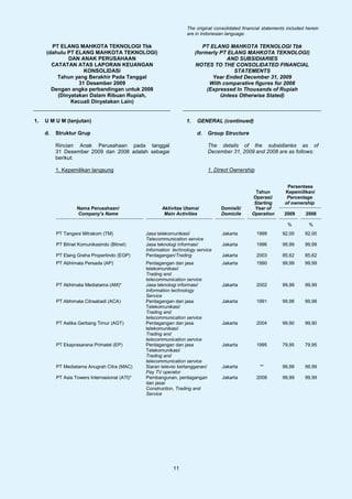 The original consolidated financial statements included herein
                                                                   are in Indonesian language.

       PT ELANG MAHKOTA TEKNOLOGI Tbk                                      PT ELANG MAHKOTA TEKNOLOGI Tbk
     (dahulu PT ELANG MAHKOTA TEKNOLOGI)                                (formerly PT ELANG MAHKOTA TEKNOLOGI)
             DAN ANAK PERUSAHAAN                                                    AND SUBSIDIARIES
       CATATAN ATAS LAPORAN KEUANGAN                                    NOTES TO THE CONSOLIDATED FINANCIAL
                   KONSOLIDASI                                                         STATEMENTS
         Tahun yang Berakhir Pada Tanggal                                      Year Ended December 31, 2009
                 31 Desember 2009                                             With comparative figures for 2008
       Dengan angka perbandingan untuk 2008                                  (Expressed In Thousands of Rupiah
         (Dinyatakan Dalam Ribuan Rupiah,                                         Unless Otherwise Stated)
              Kecuali Dinyatakan Lain)


1.   U M U M (lanjutan)                                            1.   GENERAL (continued)

     d.   Struktur Grup                                                 d.      Group Structure

          Rincian Anak Perusahaan pada tanggal                                  The details of the subsidiaries as of
          31 Desember 2009 dan 2008 adalah sebagai                              December 31, 2009 and 2008 are as follows:
          berikut:

          1. Kepemilikan langsung                                               1. Direct Ownership


                                                                                                                  Persentase
                                                                                                    Tahun        Kepemilikan/
                                                                                                  Operasi/        Percentage
                                                                                                   Starting      of ownership
                   Nama Perusahaan/                    Aktivitas Utama/              Domisili/     Year of
                   Company’s Name                       Main Activities              Domicile     Operation      2009      2008

                                                                                                                  %         %
          PT Tangara Mitrakom (TM)              Jasa telekomunikasi/                 Jakarta          1999      92,00     92,00
                                                Telecommunication service
          PT Bitnet Komunikasindo (Bitnet)      Jasa teknologi informasi/            Jakarta          1996      99,99     99,99
                                                Information technology service
          PT Elang Graha Propertindo (EGP)      Perdagangan/Trading                  Jakarta          2003      85,62     85,62
          PT Abhimata Persada (AP)              Perdagangan dan jasa                 Jakarta          1990      99,99     99,99
                                                telekomunikasi/
                                                Trading and
                                                telecommunication service
          PT Abhimata Mediatama (AM)*           Jasa teknologi informasi/            Jakarta          2002      99,99     99,99
                                                Information technology
                                                Service
          PT Abhimata Citraabadi (ACA)          Perdagangan dan jasa                 Jakarta          1991      99,98     99,98
                                                Telekomunikasi/
                                                Trading and
                                                telecommunication service
          PT Astika Gerbang Timur (AGT)         Perdagangan dan jasa                 Jakarta          2004      99,90     99,90
                                                telekomunikasi/
                                                Trading and
                                                telecommunication service
          PT Ekaprasarana Primatel (EP)         Perdagangan dan jasa                 Jakarta          1995      79,95     79,95
                                                Telekomunikasi/
                                                Trading and
                                                telecommunication service
          PT Mediatama Anugrah Citra (MAC)      Siaran televisi berlangganan/        Jakarta           **       99,99     99,99
                                                Pay TV operator
          PT Asia Towers Internasional (ATI)*   Pembangunan, perdagangan             Jakarta          2008      99,99     99,99
                                                dan jasa/
                                                Construction, Trading and
                                                Service




                                                            11
 
