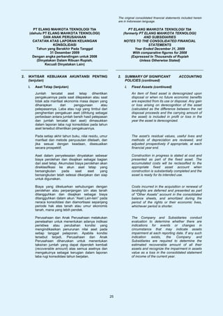 The original consolidated financial statements included herein
                                                                  are in Indonesian language.

        PT ELANG MAHKOTA TEKNOLOGI Tbk                                    PT ELANG MAHKOTA TEKNOLOGI Tbk
      (dahulu PT ELANG MAHKOTA TEKNOLOGI)                              (formerly PT ELANG MAHKOTA TEKNOLOGI)
              DAN ANAK PERUSAHAAN                                                  AND SUBSIDIARIES
        CATATAN ATAS LAPORAN KEUANGAN                                  NOTES TO THE CONSOLIDATED FINANCIAL
                    KONSOLIDASI                                                       STATEMENTS
          Tahun yang Berakhir Pada Tanggal                                    Year Ended December 31, 2009
                  31 Desember 2009                                           With comparative figures for 2008
        Dengan angka perbandingan untuk 2008                                (Expressed In Thousands of Rupiah
          (Dinyatakan Dalam Ribuan Rupiah,                                       Unless Otherwise Stated)
               Kecuali Dinyatakan Lain)


2.   IKHTISAR KEBIJAKAN AKUNTANSI PENTING                         2.   SUMMARY OF SIGNIFICANT                  ACCOUNTING
     (lanjutan)                                                        POLICIES (continued)
     i.   Aset Tetap (lanjutan)                                        i.   Fixed Assets (continued)
          Jumlah     tercatat   aset   tetap   dihentikan                   An item of fixed asset is derecognized upon
          pengakuannya pada saat dilepaskan atau saat                       disposal or when no future economic benefits
          tidak ada manfaat ekonomis masa depan yang                        are expected from its use or disposal. Any gain
          diharapkan       dari     penggunaan       atau                   or loss arising on derecognition of the asset
          pelepasannya. Laba atau rugi yang timbul dari                     (calculated as the difference between the net
          penghentian pengakuan aset (dihitung sebagai                      disposal proceeds and the carrying amount of
          perbedaan antara jumlah bersih hasil pelepasan                    the asset) is included in profit or loss in the
          dan jumlah tercatat dari aset) dimasukkan                         year the asset is derecognized.
          dalam laporan laba rugi konsolidasi pada tahun
          aset tersebut dihentikan pengakuannya.

          Pada setiap akhir tahun buku, nilai residu, umur                  The asset’s residual values, useful lives and
          manfaat dan metode penyusutan ditelaah, dan                       methods of depreciation are reviewed, and
          jika sesuai dengan keadaan, disesuaikan                           adjusted prospectively if appropriate, at each
          secara prospektif.                                                financial year end.

          Aset dalam penyelesaian dinyatakan sebesar                        Construction in progress is stated at cost and
          biaya perolehan dan disajikan sebagai bagian                      presented as part of the fixed asset. The
          dari aset tetap. Akumulasi biaya perolehan akan                   accumulated costs will be reclassified to the
          direklasifikasi ke akun aset tetap yang                           appropriate fixed asset account when
          bersangkutan       pada    saat    aset    yang                   construction is substantially completed and the
          bersangkutan telah selesai dikerjakan dan siap                    asset is ready for its intended use.
          untuk digunakan.

          Biaya yang dikeluarkan sehubungan dengan                          Costs incurred in the acquisition or renewal of
          perolehan atau perpanjangan izin atas tanah                       landrights are deferred and presented as part
          ditangguhkan dan disajikan sebagai biaya                          of “Other Assets” account in the consolidated
          ditangguhkan dalam akun “Aset Lain-lain” pada                     balance sheets, and amortized during the
          neraca konsolidasi dan diamortisasi sepanjang                     period of the rights or their economic lives,
          periode hak atas tanah atau umur ekonomis                         whichever period is shorter.
          tanah, mana yang lebih pendek.

          Perusahaan dan Anak Perusahaan melakukan                          The Company and Subsidiaries conduct
          penelaahan untuk menentukan adanya indikasi                       evaluation to determine whether there are
          peristiwa atau perubahan kondisi yang                             indications for events or changes in
          mengindikasikan penurunan nilai aset pada                         circumstance that may indicate assets
          setiap tanggal pelaporan. Apabila kondisi                         impairment at each reporting date. If any such
          tersebut terjadi, Perusahaan dan Anak                             indication   exists,   the     Company     and
          Perusahaan diharuskan untuk menentukan                            Subsidiaries are required to determine the
          taksiran jumlah yang dapat diperoleh kembali                      estimated recoverable amount of all their
          (recoverable amount) atas semua asetnya dan                       assets and recognize the impairment in assets
          mengakuinya sebagai kerugian dalam laporan                        value as a loss in the consolidated statement
          laba rugi konsolidasi tahun berjalan.                             of income of the current year.




                                                             25
 