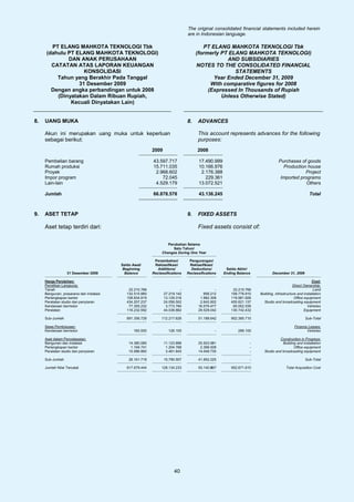 The original consolidated financial statements included herein
                                                                              are in Indonesian language.

        PT ELANG MAHKOTA TEKNOLOGI Tbk                                                PT ELANG MAHKOTA TEKNOLOGI Tbk
      (dahulu PT ELANG MAHKOTA TEKNOLOGI)                                          (formerly PT ELANG MAHKOTA TEKNOLOGI)
              DAN ANAK PERUSAHAAN                                                              AND SUBSIDIARIES
        CATATAN ATAS LAPORAN KEUANGAN                                              NOTES TO THE CONSOLIDATED FINANCIAL
                    KONSOLIDASI                                                                   STATEMENTS
          Tahun yang Berakhir Pada Tanggal                                                Year Ended December 31, 2009
                  31 Desember 2009                                                       With comparative figures for 2008
        Dengan angka perbandingan untuk 2008                                            (Expressed In Thousands of Rupiah
          (Dinyatakan Dalam Ribuan Rupiah,                                                   Unless Otherwise Stated)
               Kecuali Dinyatakan Lain)


8.   UANG MUKA                                                                8.    ADVANCES

     Akun ini merupakan uang muka untuk keperluan                                   This account represents advances for the following
     sebagai berikut:                                                               purposes:
                                                          2009                      2008

     Pembelian barang                                     43.597.717                17.490.999                                  Purchases of goods
     Rumah produksi                                       15.711.035                10.166.976                                    Production house
     Proyek                                                2.968.602                 2.176.388                                              Project
     Impor program                                            72.045                   229.361                                   Imported programs
     Lain-lain                                             4.529.179                13.072.521                                               Others

     Jumlah                                               66.878.578                43.136.245                                                       Total



9.   ASET TETAP                                                               9.    FIXED ASSETS

     Aset tetap terdiri dari:                                                       Fixed assets consist of:

                                                                  Perubahan Selama
                                                                     Satu Tahun/
                                                               Changes During One Year

                                                           Penambahan/         Pengurangan/
                                         Saldo Awal/       Reklasifikasi/      Reklasifikasi/
                                          Beginning          Additions/         Deductions/        Saldo Akhir/
                  31 Desember 2009         Balance        Reclassifications   Reclassifications   Ending Balance            December 31, 2009

     Harga Perolehan:                                                                                                                                 Cost:
     Pemilikan Langsung:                                                                                                                  Direct Ownership:
     Tanah                                   22.210.766                   -                  -         22.210.766                                       Land
     Bangunan, prasarana dan instalasi      132.515.980          27.219.142            958.212        158.776.910   Building, infrastructure and installation
     Perlengkapan kantor                    108.834.919          13.129.316          1.982.309        119.981.926                          Office equipment
     Peralatan studio dan penyiaran         434.207.237          24.056.502          2.642.602        455.621.137     Studio and broadcasting equipment
     Kendaraan bermotor                      77.355.232           3.773.784         16.076.477         65.052.539                                   Vehicles
     Peralatan                              116.232.592          44.038.882         29.529.042        130.742.432                                 Equipment

     Sub-Jumlah                             891.356.726        112.217.626          51.188.642        952.385.710                                 Sub-Total

     Sewa Pembiayaan:                                                                                                                      Finance Leases:
     Kendaraan bermotor                        160.000             126.100                    -          286.100                                  Vehicles

     Aset dalam Penyelesaian:                                                                                                   Construction in Progress:
     Bangunan dan instalasi                  14.380.085          11.123.896         25.503.981                  -                Building and installation
     Perlengkapan kantor                      1.194.741           1.204.768          2.399.509                  -                       Office equipment
     Peralatan studio dan penyiaran          10.586.892           3.461.843         14.048.735                  -     Studio and broadcasting equipment

     Sub-Jumlah                              26.161.718          15.790.507         41.952.225                  -                                 Sub-Total

     Jumlah Nilai Tercatat                  917.678.444        128.134.233          93.140.867        952.671.810                    Total Acquisition Cost




                                                                      40
 