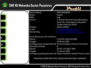 NG
AN
SMK NU Mekanika Buntet Pesantren
© SMK NU Mekanika Buntet Pesantren 2012 | Designed by Paman Guru
Nama Sekolah : SMK MEKANIKA
Status : Swasta
PBM : Pagi
Alamat : Jl. Buntet Pesantren Desa Mertapada
Kulon Kec. Astanajapura Kabupaten
Cirebon Kode Pos 45181
Telepon : (0231) 636636
E-mail : smkmekanika@gmail.com
Alamat Blog : http://smkbuntet.blogspot.com/
Surat Keputusan ( SK ) Pendirian
Nomor : 113/102.1/Kep/OT/2000
Tanggal : 30 Maret 2000
Lembaga yang mengeluarkan SK: Kanwil Depdiknas Provinsi Jawa Barat
Akreditasi Jenjang : B
Nomor : 02.00 / 17/ BAS / 2007
Tanggal : 15 Januari 2007
Lembaga yang Mengeluarkan SK: Badan Akreditasi Sekolah Provinsi Jabar
”MENDIDIK SISWA BER-IPTEK, IMTAQ DAN AKHLAQUL KARIMAH”
 