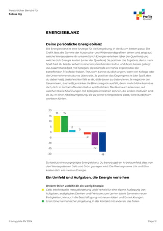 Persönlicher Bericht für
Tobias Ilig
© Amygdala BV 2024 Page 12
ENERGIEBILANZ
Deine persönliche Energiebilanz
Die Energiebilanz ist eine Anzeige für die Umgebung, in die du am besten passt. Die
Grafik lässt die Summe der Ausdrucks- und Widerstandsgrafiken sehen und zeigt auf,
welche Wertesysteme dir unterm Strich Energie verleihen (über der Querlinie) und
welche dich Energie kosten (unter der Querlinie). Je positiver das Ergebnis, desto mehr
Spaß hast du bei der Arbeit in einer entsprechenden Kultur und desto besser gelingt
die Zusammenarbeit mit Kollegen, die ebenfalls ein hohes Ergebnis bei der
betreffenden Triebfeder haben. Trotzdem kannst du dich ärgern, wenn ein Kollege oder
die Unternehmenskultur es übertreibt. Je positiver das Gegengewicht (der Spaß, den
du dabei hast), desto leichter fällt es dir, dich davon zu distanzieren. Je negativer der
Gesamtwert, das heißt je stärker die Bilanz negativ ausfällt, desto mehr Mühe kostet es
dich, dich in der betreffenden Kultur wohlzufühlen. Das lässt auch erkennen, auf
welcher Ebene Spannungen mit Kollegen entstehen können, die anders motiviert sind
als du. In einer Arbeitsumgebung, die zu deiner Energiebilanz passt, wirst du dich am
wohlsten fühlen.
Du besitzt eine ausgeprägte Energiebilanz. Du bevorzugst ein Arbeitsumfeld, dass von
den Wertesystemen Gelb und Grün getragen wird. Die Wertesysteme Lila und Blau
kosten dich am meisten Energie.
Ein Umfeld und Aufgaben, die Energie verleihen
Unterm Strich verleiht dir ein wenig Energie:
 Gelb: Intellektuelle Herausforderung und Freiheit für eine eigene Auslegung von
Aufgaben, analytisches Denken und Freiraum zum Lernen sowie Sammeln neuer
Fertigkeiten, wie auch die Beschäftigung mit neuen Ideen und Entwicklungen.
 Grün: Eine harmonische Umgebung, in der Kontakt mit anderen, das Teilen
 