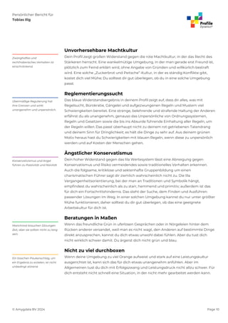 Persönlicher Bericht für
Tobias Ilig
© Amygdala BV 2024 Page 10
Unvorhersehbare Machtkultur
Dein Profil zeigt großen Widerstand gegen die rote Machtkultur, in der das Recht des
Stärkeren herrscht. Eine wankelmütige Umgebung, in der man gerade erst Freund ist,
plötzlich zum Feind erklärt wird, ohne Angabe von Gründen und willkürlich bestraft
wird. Eine solche „Zuckerbrot und Peitsche”-Kultur, in der es ständig Konflikte gibt,
kostet dich viel Mühe; Du solltest dir gut überlegen, ob du in eine solche Umgebung
passt.
Zwanghaftes und
rechthaberisches Verhalten ist
einschränkend.
Reglementierungssucht
Das blaue Widerstandsergebnis in deinem Profil zeigt auf, dass dir alles, was mit
Regelsucht, Bürokratie, Gängelei und aufgezwungenen Regeln und Mustern viel
Schwierigkeiten bereitet. Eine strenge, belehrende und strafende Haltung der Anderen
erfährst du als unangenehm, genauso das Unpersönliche von Ordnungssystemen,
Regeln und Gesetzen sowie die bis ins Absurde führende Einhaltung aller Regeln, um
der Regeln willen. Das passt überhaupt nicht zu deinem rot getriebenen Tatendrang
und deinem Sinn für Dringlichkeit; es hält die Dinge zu sehr auf. Aus deinem grünen
Motiv heraus hast du Schwierigkeiten mit blauen Regeln, wenn diese zu unpersönlich
werden und auf Kosten der Menschen gehen.
Übermäßige Regulierung hat
ihre Grenzen und wirkt
unangenehm und unpersönlich.
Ängstlicher Konservatismus
Dein hoher Widerstand gegen das lila Wertesystem lässt eine Abneigung gegen
Konservatismus und Risiko vermeidendes sowie traditionelles Verhalten erkennen.
Auch die folgsame, kritiklose und sektenhafte Gruppenbildung um einen
charismatischen Führer sagt dir ziemlich wahrscheinlich nicht zu. Die lila
Vergangenheitsorientierung, bei der man an Traditionen und Symbolik hängt,
empfindest du wahrscheinlich als zu starr, hemmend und primitiv; außerdem ist das
für dich ein Fortschrittshindernis. Das steht der Suche, dem Finden und Ausführen
passender Lösungen im Weg. In einer solchen Umgebung kannst du nur unter größter
Mühe funktionieren; daher solltest du dir gut überlegen, ob das eine geeignete
Arbeitskultur für dich ist.
Konservativismus und Angst
führen zu Passivität und Naivität.
Beratungen in Maßen
Wenn das freundliche Grün in uferlosen Gesprächen oder in Nörgeleien hinter dem
Rücken anderer versandet, weil man es nicht wagt, den Anderen auf bestimmte Dinge
direkt anzusprechen, kannst du dich etwas unwohl dabei fühlen. Aber du tust dich
nicht wirklich schwer damit. Du ärgerst dich nicht grün und blau.
Manchmal brauchen Sitzungen
Zeit, aber sie sollten nicht zu lang
sein.
Nicht zu viel durchboxen
Wenn deine Umgebung zu viel Orange aufweist und stark auf eine Leistungskultur
ausgerichtet ist, kann sich das für dich etwas unangenehm anfühlen. Aber im
Allgemeinen tust du dich mit Erfolgszwang und Leistungsdruck nicht allzu schwer. Für
dich entsteht nicht schnell eine Situation, in der nicht mehr gearbeitet werden kann.
Ein bisschen Paukenschlag, um
ein Ergebnis zu erzielen, ist nicht
unbedingt störend.
 