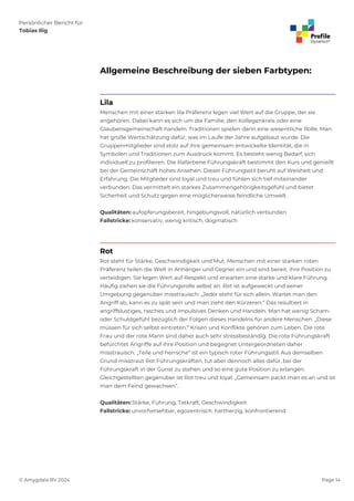 Persönlicher Bericht für
Tobias Ilig
© Amygdala BV 2024 Page 14
Allgemeine Beschreibung der sieben Farbtypen:
Lila
Menschen mit einer starken lila Präferenz legen viel Wert auf die Gruppe, der sie
angehören. Dabei kann es sich um die Familie, den Kollegenkreis oder eine
Glaubensgemeinschaft handeln. Traditionen spielen darin eine wesentliche Rolle. Man
hat große Wertschätzung dafür, was im Laufe der Jahre aufgebaut wurde. Die
Gruppenmitglieder sind stolz auf ihre gemeinsam entwickelte Identität, die in
Symbolen und Traditionen zum Ausdruck kommt. Es besteht wenig Bedarf, sich
individuell zu profilieren. Die lilafarbene Führungskraft bestimmt den Kurs und genießt
bei der Gemeinschaft hohes Ansehen. Dieser Führungsstil beruht auf Weisheit und
Erfahrung. Die Mitglieder sind loyal und treu und fühlen sich tief miteinander
verbunden. Das vermittelt ein starkes Zusammengehörigkeitsgefühl und bietet
Sicherheit und Schutz gegen eine möglicherweise feindliche Umwelt.
Qualitäten: aufopferungsbereit, hingebungsvoll, natürlich verbunden
Fallstricke: konservativ, wenig kritisch, dogmatisch
Rot
Rot steht für Stärke, Geschwindigkeit und Mut. Menschen mit einer starken roten
Präferenz teilen die Welt in Anhänger und Gegner ein und sind bereit, ihre Position zu
verteidigen. Sie legen Wert auf Respekt und erwarten eine starke und klare Führung.
Häufig ziehen sie die Führungsrolle selbst an. Rot ist aufgeweckt und seiner
Umgebung gegenüber misstrauisch: „Jeder steht für sich allein. Wartet man den
Angriff ab, kann es zu spät sein und man zieht den Kürzeren.“ Das resultiert in
angriffslustiges, rasches und impulsives Denken und Handeln. Man hat wenig Scham-
oder Schuldgefühl bezüglich der Folgen dieses Handelns für andere Menschen. „Diese
müssen für sich selbst eintreten.“ Krisen und Konflikte gehören zum Leben. Die rote
Frau und der rote Mann sind daher auch sehr stressbeständig. Die rote Führungskraft
befürchtet Angriffe auf ihre Position und begegnet Untergeordneten daher
misstrauisch. „Teile und herrsche“ ist ein typisch roter Führungsstil. Aus demselben
Grund misstraut Rot Führungskräften, tut aber dennoch alles dafür, bei der
Führungskraft in der Gunst zu stehen und so eine gute Position zu erlangen.
Gleichgestellten gegenüber ist Rot treu und loyal: „Gemeinsam packt man es an und ist
man dem Feind gewachsen“.
Qualitäten: Stärke, Führung, Tatkraft, Geschwindigkeit
Fallstricke: unvorhersehbar, egozentrisch, hartherzig, konfrontierend
 