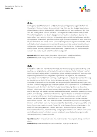 Persönlicher Bericht für
Tobias Ilig
© Amygdala BV 2024 Page 16
Grün
Ein Auge für den Mitmenschen und Einfühlungsvermögen sind Eigenschaften von
Menschen mit einem hohen Grünwert. Grün legt Wert auf das Gruppengeschehen,
gute Rücksprache und gegenseitige Kommunikation. Erst wenn jeder sich gut fühlt
und das Klima gut ist, können optimale Leistungen erbracht werden. Dem grünen
Menschen liegt daher viel daran, dies gemeinsam zu bewerkstelligen. Es wird viel
gesprochen. Man geht Emotionen nicht aus dem Weg und Entscheidungen werden
vorzugsweise im Konsens getroffen. Dadurch gerät die Entschlusskraft auch mal unter
Druck. Menschen mit einem hohen Grünwert mögen es im Allgemeinen nicht, selbst
aufzufallen. Auch das Abweichen von der Gruppennorm bei anderen stößt bei ihnen
nur bedingt auf Anerkennung. Grün setzt sich für Harmonie ein. Probleme versucht
man zu lösen. Konflikte werden lieber vermieden und man versucht den Frieden zu
wahren. Das Motto lautet: „Alle Menschen sind gleich“.
Qualitäten: warm, einfühlsam, hilfsbereit, harmonisch, konsensorientiert
Fallstricke: zu soft, wenig entschlussfreudig, konfliktvermeidend
Gelb
Gelb ist die Farbe von individueller Freiheit und Unabhängigkeit, von Forschung und
Analyse, von originell und authentisch. Menschen mit einem hohen Gelbwert suchen
Autorität in sich selbst, gehen ihrer eigenen Wege und können dadurch reserviert oder
eigensinnig erscheinen. Sie tragen häufig kreative Lösungen an, die scheinbare
Gegensätze vereinen können. Sie mögen es, Dinge weit und über die Grenzen hinweg
zu überdenken und die höhere Systematik zu ergründen. Die damit gewonnenen
Einblicke schaffen Raum für wirkliche, auf lange Sicht funktionierende Lösungen. Gelb
ist offen und tolerant gegenüber anderen Werten, ohne sich mit ihnen zu identifizieren.
Man sucht nach dem Kern, der Wahrheit, der besten Lösung. Daher ist der gelbe
Mensch kritisch und will mit Argumenten überzeugt werden. Gelbe Führungskräfte
sind in der Lage, das Beste aus ihren Mitarbeitern zu holen, indem sie ihnen die Freiheit
geben, ohne Zwang- und Disziplindruck ihre eigenen Talente zu entfalten. Weil Gelb
erst verstehen will, können Beschlussfassung und Handeln lange auf sich warten
lassen. Die gelbe Denkkraft kann von dem Umfeld als unbequem und kompliziert
empfunden werden. Gelb sieht die Komplexität und ist sich bewusst, dass das eigene
Denken und Handeln nicht nur Konsequenzen für die direkte Umgebung und für eine
kurze Zeit, sondern weitreichende Folgen für einen langen Zeitraum haben kann. Der
Hang zu Unabhängigkeit und Freiheit darf dem Gesamten nicht schaden: Gelb
beschränkt sich darauf, was notwendig und geeignet ist. Das kann schlicht sein, wenn
es die Situation jedoch erfordert, können jede (auch luxuriöse) Äußerung und jeder
Verhaltenstyp zum Einsatz kommen.
Qualitäten: offen, innovativ, kreativ, frei, motivierender Führungsstil, dringt zum Kern
durch
Fallstricke: komplizierend, chaotisch, reserviert, eigensinnig, kritisch
 