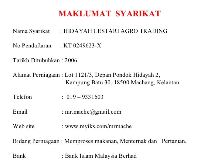 maklumat syarikat nama syarikat hidayah lestari agro trading no ...
