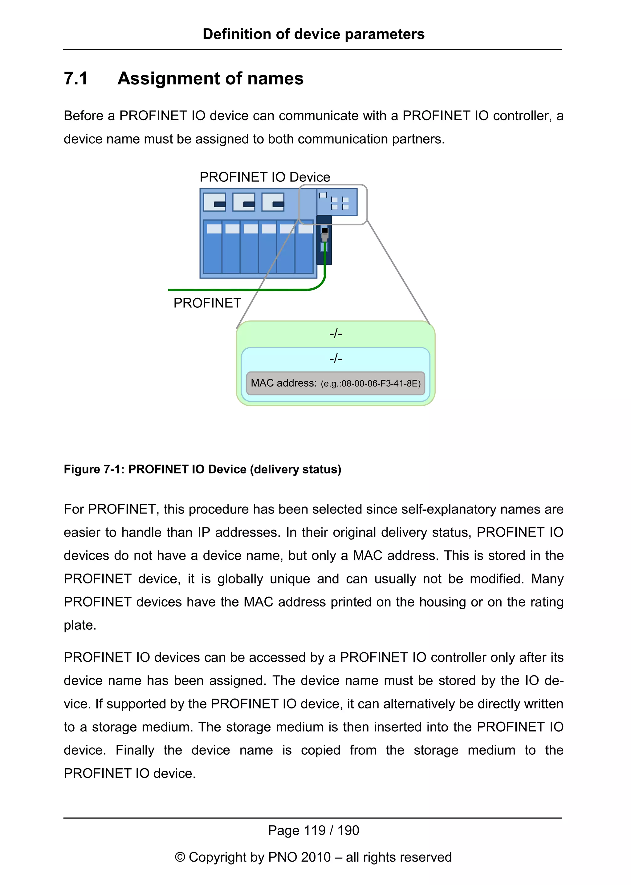Definition of device parameters


7.1      Assignment of names
Before a PROFINET IO device can communicate with a PROFINET IO controller, a
device name must be assigned to both communication partners.

                       PROFINET IO Device




                  PROFINET

                                                 -/-
                                                 -/-
                                MAC address: (e.g.:08-00-06-F3-41-8E)




Figure 7-1: PROFINET IO Device (delivery status)


For PROFINET, this procedure has been selected since self-explanatory names are
easier to handle than IP addresses. In their original delivery status, PROFINET IO
devices do not have a device name, but only a MAC address. This is stored in the
PROFINET device, it is globally unique and can usually not be modified. Many
PROFINET devices have the MAC address printed on the housing or on the rating
plate.

PROFINET IO devices can be accessed by a PROFINET IO controller only after its
device name has been assigned. The device name must be stored by the IO de-
vice. If supported by the PROFINET IO device, it can alternatively be directly written
to a storage medium. The storage medium is then inserted into the PROFINET IO
device. Finally the device name is copied from the storage medium to the
PROFINET IO device.



                                   Page 119 / 190
                   © Copyright by PNO 2010 – all rights reserved
 