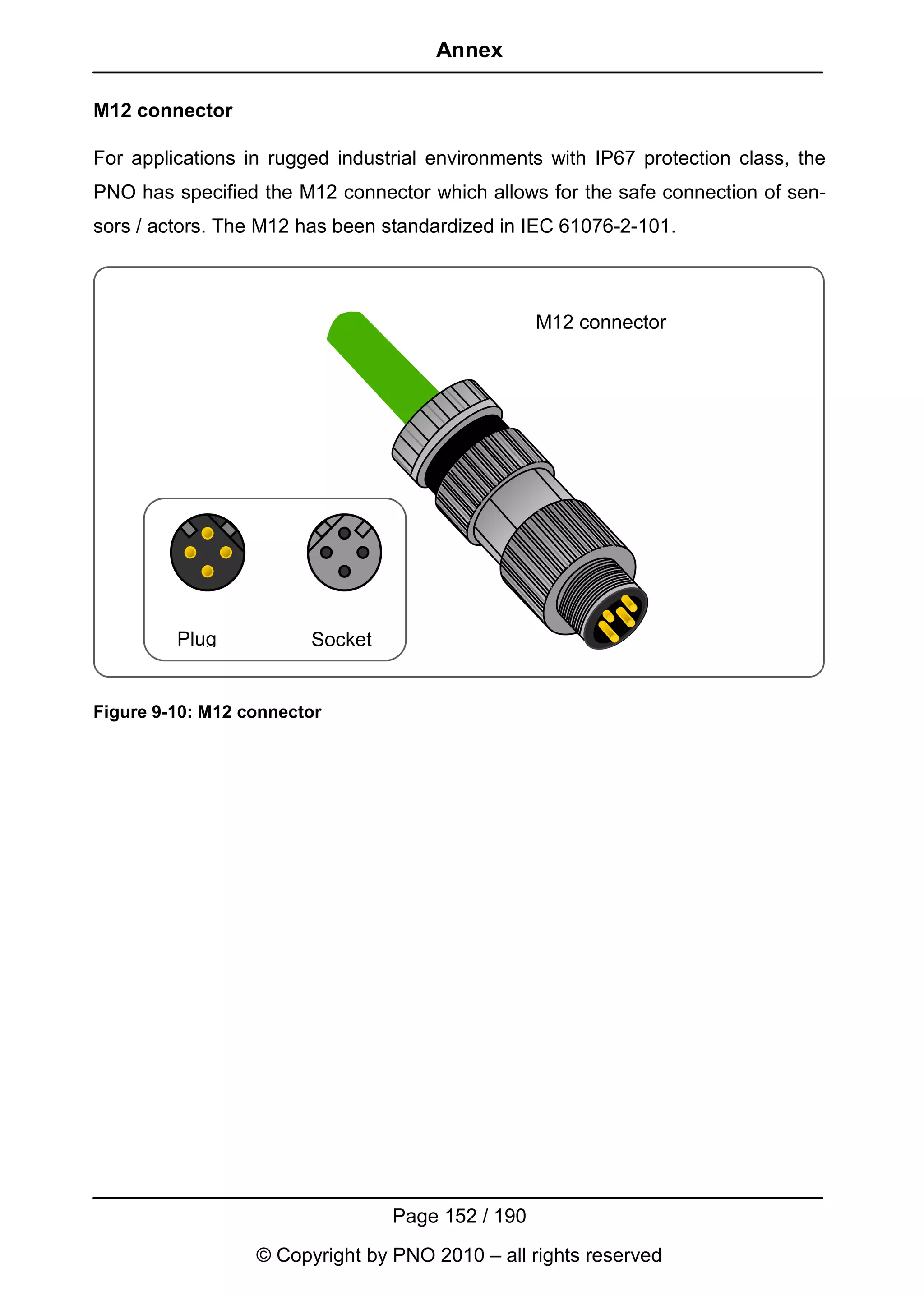 Annex

M12 connector

For applications in rugged industrial environments with IP67 protection class, the
PNO has specified the M12 connector which allows for the safe connection of sen-
sors / actors. The M12 has been standardized in IEC 61076-2-101.



                                                  M12 connector




         Plug           Socket


Figure 9-10: M12 connector




                                 Page 152 / 190
                  © Copyright by PNO 2010 – all rights reserved
 
