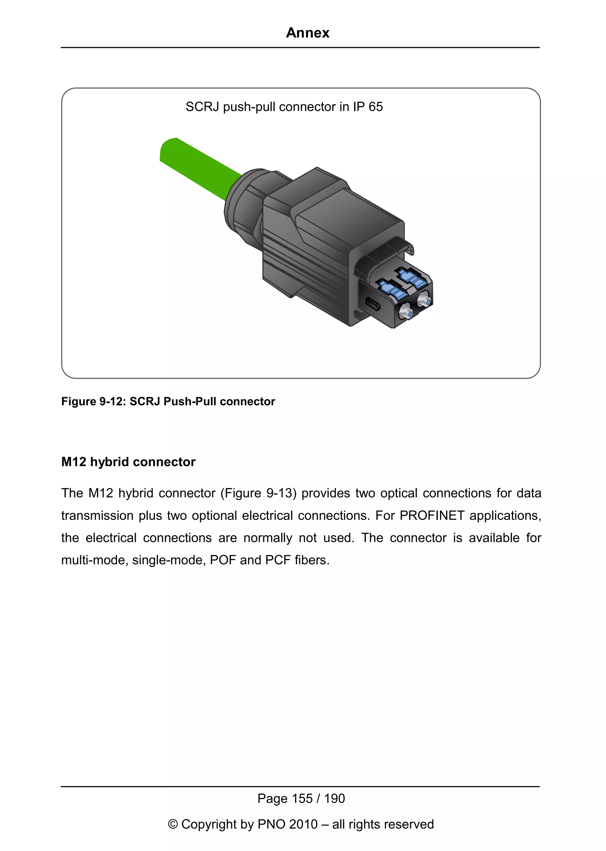 Annex




                     SCRJ push-pull connector in IP 65




Figure 9-12: SCRJ Push-Pull connector




M12 hybrid connector

The M12 hybrid connector (Figure 9-13) provides two optical connections for data
transmission plus two optional electrical connections. For PROFINET applications,
the electrical connections are normally not used. The connector is available for
multi-mode, single-mode, POF and PCF fibers.




                                 Page 155 / 190
                  © Copyright by PNO 2010 – all rights reserved
 