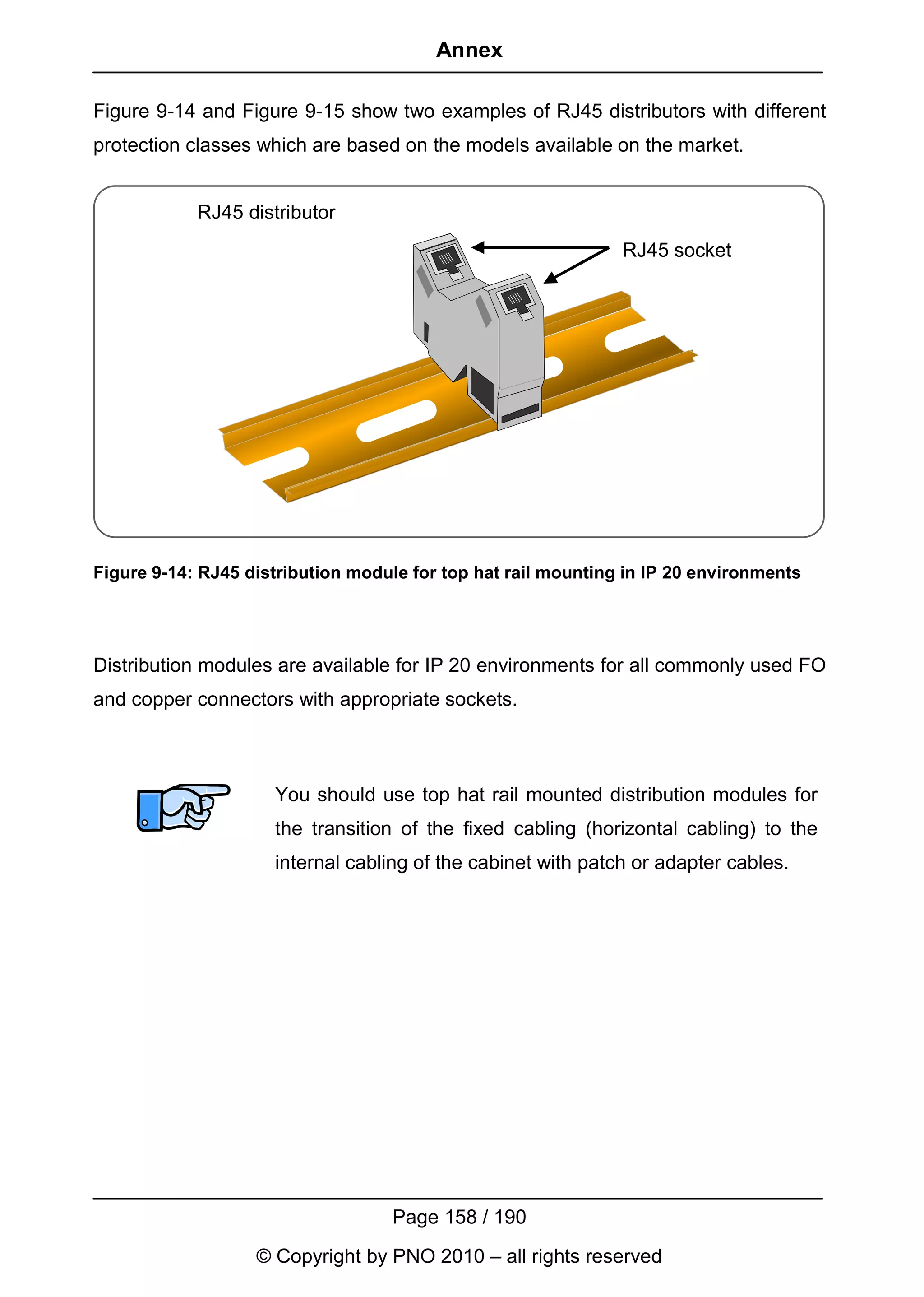Annex

Figure 9-14 and Figure 9-15 show two examples of RJ45 distributors with different
protection classes which are based on the models available on the market.


            RJ45 distributor
                                                               RJ45 socket




Figure 9-14: RJ45 distribution module for top hat rail mounting in IP 20 environments




Distribution modules are available for IP 20 environments for all commonly used FO
and copper connectors with appropriate sockets.



                     You should use top hat rail mounted distribution modules for
                     the transition of the fixed cabling (horizontal cabling) to the
                     internal cabling of the cabinet with patch or adapter cables.




                                   Page 158 / 190
                   © Copyright by PNO 2010 – all rights reserved
 