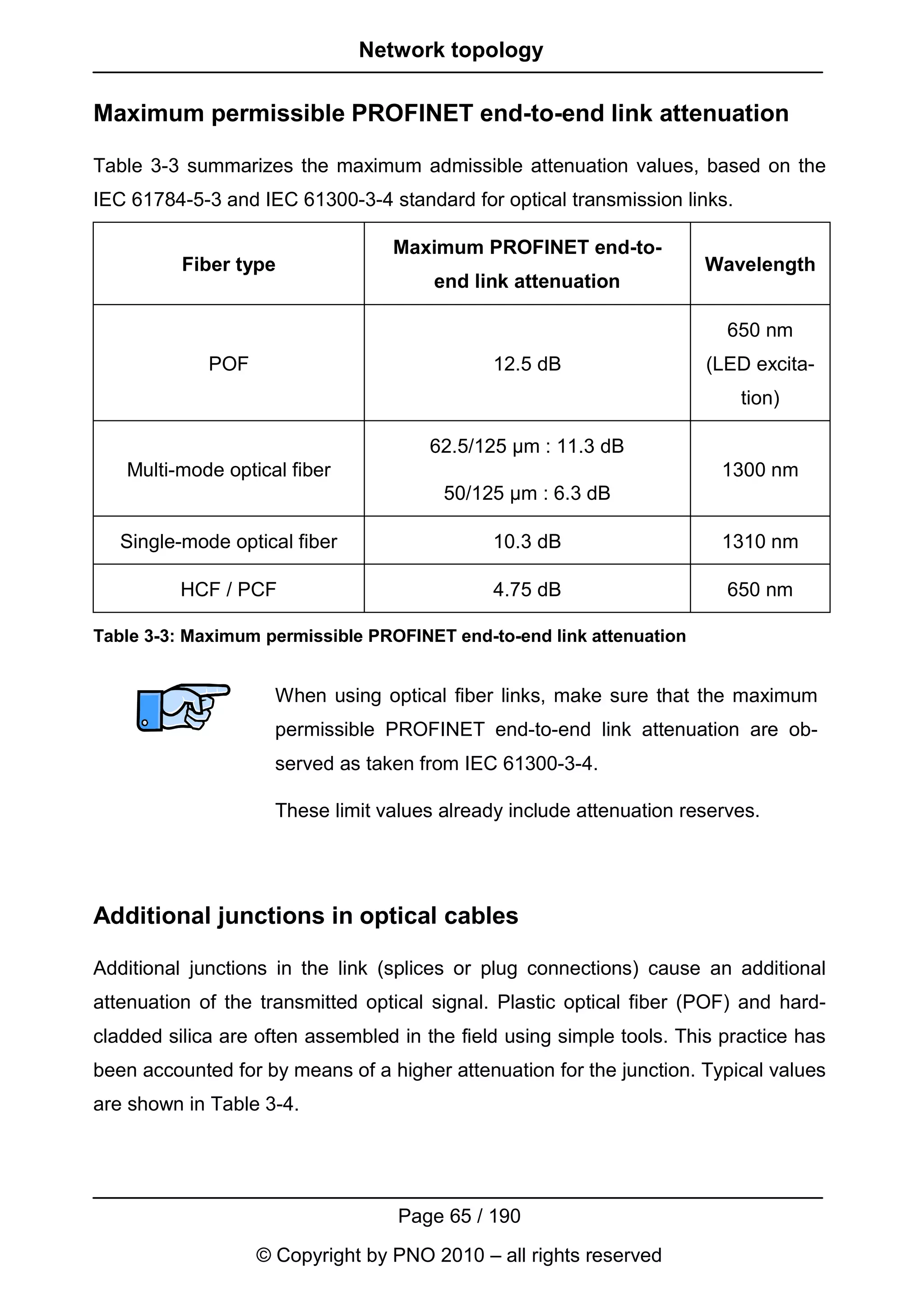 Network topology

Maximum permissible PROFINET end-to-end link attenuation

Table 3-3 summarizes the maximum admissible attenuation values, based on the
IEC 61784-5-3 and IEC 61300-3-4 standard for optical transmission links.

                                  Maximum PROFINET end-to-
          Fiber type                                                  Wavelength
                                       end link attenuation

                                                                         650 nm
             POF                              12.5 dB                  (LED excita-
                                                                           tion)

                                       62.5/125 µm : 11.3 dB
   Multi-mode optical fiber                                             1300 nm
                                        50/125 µm : 6.3 dB

   Single-mode optical fiber                  10.3 dB                   1310 nm

          HCF / PCF                           4.75 dB                    650 nm

Table 3-3: Maximum permissible PROFINET end-to-end link attenuation


                     When using optical fiber links, make sure that the maximum
                     permissible PROFINET end-to-end link attenuation are ob-
                     served as taken from IEC 61300-3-4.

                     These limit values already include attenuation reserves.




Additional junctions in optical cables

Additional junctions in the link (splices or plug connections) cause an additional
attenuation of the transmitted optical signal. Plastic optical fiber (POF) and hard-
cladded silica are often assembled in the field using simple tools. This practice has
been accounted for by means of a higher attenuation for the junction. Typical values
are shown in Table 3-4.




                                   Page 65 / 190
                   © Copyright by PNO 2010 – all rights reserved
 