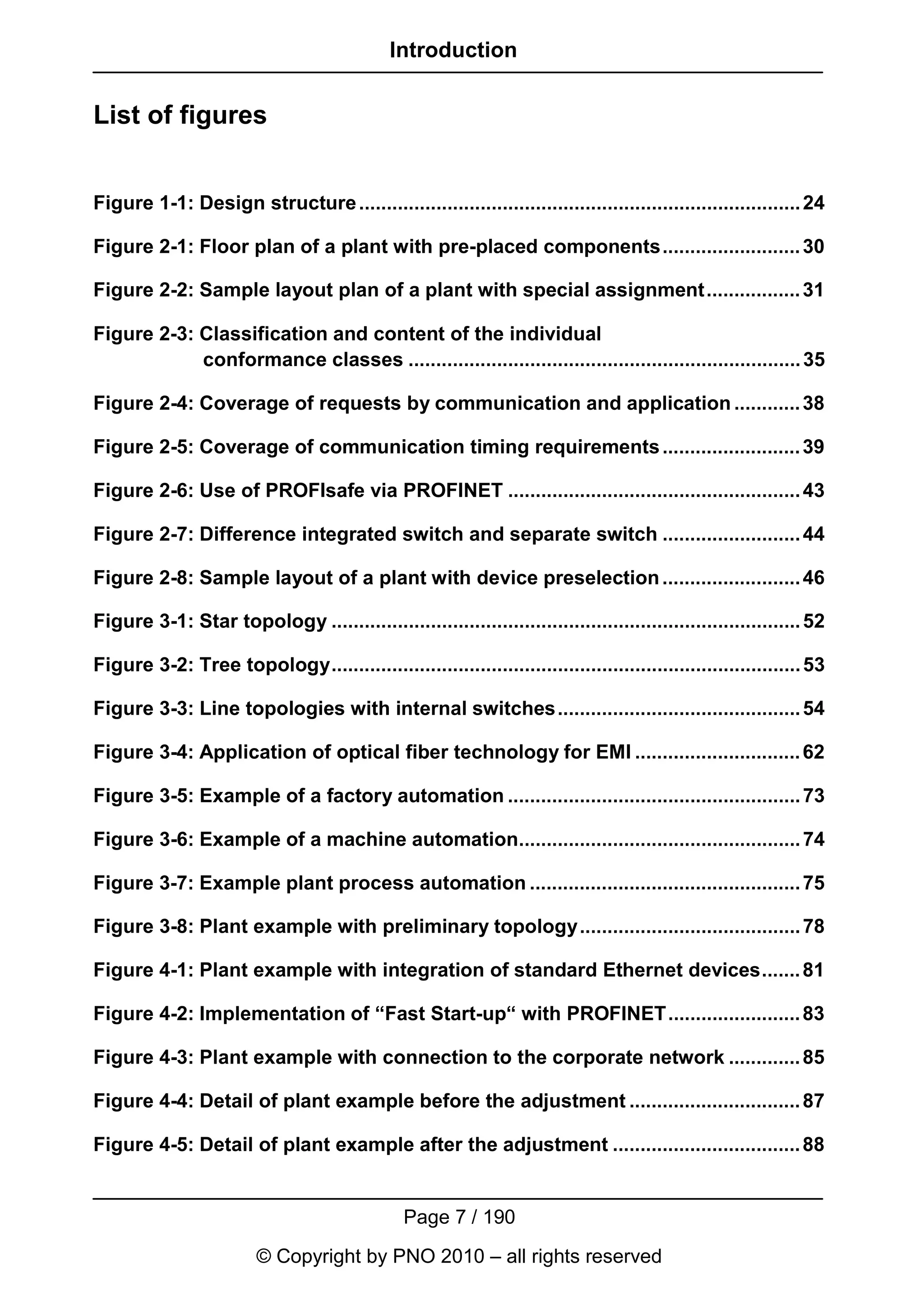 Introduction


List of figures


Figure 1-1: Design structure ................................................................................ 24

Figure 2-1: Floor plan of a plant with pre-placed components......................... 30

Figure 2-2: Sample layout plan of a plant with special assignment................. 31

Figure 2-3: Classification and content of the individual
            conformance classes ....................................................................... 35

Figure 2-4: Coverage of requests by communication and application ............ 38

Figure 2-5: Coverage of communication timing requirements ......................... 39

Figure 2-6: Use of PROFIsafe via PROFINET ..................................................... 43

Figure 2-7: Difference integrated switch and separate switch ......................... 44

Figure 2-8: Sample layout of a plant with device preselection ......................... 46

Figure 3-1: Star topology ..................................................................................... 52

Figure 3-2: Tree topology..................................................................................... 53

Figure 3-3: Line topologies with internal switches............................................ 54

Figure 3-4: Application of optical fiber technology for EMI .............................. 62

Figure 3-5: Example of a factory automation ..................................................... 73

Figure 3-6: Example of a machine automation................................................... 74

Figure 3-7: Example plant process automation ................................................. 75

Figure 3-8: Plant example with preliminary topology........................................ 78

Figure 4-1: Plant example with integration of standard Ethernet devices....... 81

Figure 4-2: Implementation of “Fast Start-up“ with PROFINET........................ 83

Figure 4-3: Plant example with connection to the corporate network ............. 85

Figure 4-4: Detail of plant example before the adjustment ............................... 87

Figure 4-5: Detail of plant example after the adjustment .................................. 88


                                                Page 7 / 190
                         © Copyright by PNO 2010 – all rights reserved
 