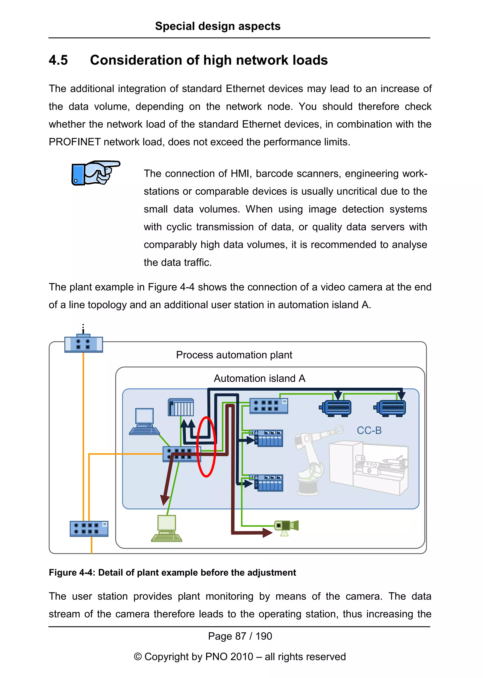 Special design aspects


4.5      Consideration of high network loads
The additional integration of standard Ethernet devices may lead to an increase of
the data volume, depending on the network node. You should therefore check
whether the network load of the standard Ethernet devices, in combination with the
PROFINET network load, does not exceed the performance limits.


                     The connection of HMI, barcode scanners, engineering work-
                     stations or comparable devices is usually uncritical due to the
                     small data volumes. When using image detection systems
                     with cyclic transmission of data, or quality data servers with
                     comparably high data volumes, it is recommended to analyse
                     the data traffic.

The plant example in Figure 4-4 shows the connection of a video camera at the end
of a line topology and an additional user station in automation island A.



                             Process automation plant

                                         Automation island A




                                                                     CC-B




Figure 4-4: Detail of plant example before the adjustment

The user station provides plant monitoring by means of the camera. The data
stream of the camera therefore leads to the operating station, thus increasing the

                                     Page 87 / 190
                   © Copyright by PNO 2010 – all rights reserved
 