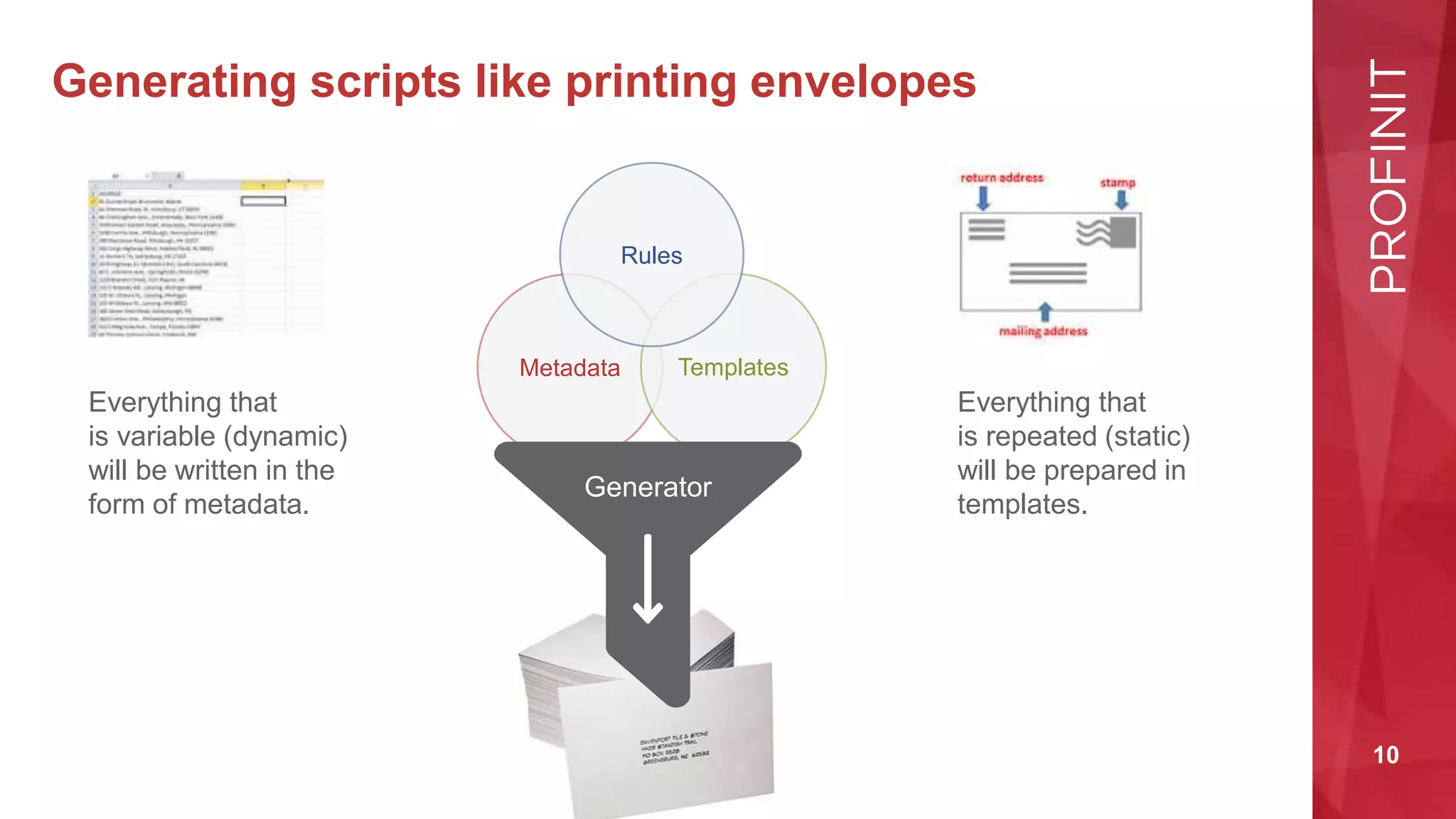 10
Generating scripts like printing envelopes
Everything that
is variable (dynamic)
will be written in the
form of metadata.
Everything that
is repeated (static)
will be prepared in
templates.
Metadata Templates
Rules
Generator
 