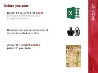 7
Before you start
› Do not be ashamed for Excel
(Do not start with oversized data
management toolsets)
› Combine manual, automated and
semi-automated activities
› Allow for ‘Hic Sunt Leones’
places in your map
 