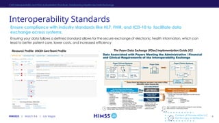 HIMSS25 | March 3-6 | Las Vegas
Interoperability Standards
Ensuring your data follows a defined standard allows for the secure exchange of electronic health information, which can
lead to better patient care, lower costs, and increased efficiency
CMS Interoperability and Prior Authorization Final Rule: Transforming Healthcare Data Exchange
Ensure compliance with industry standards like HL7, FHIR, and ICD-10 to facilitate data
exchange across systems.
Resource Profile: USCDI CareTeam Profile The Payer Data Exchange (PDex) Implementation Guide (IG)
Content of Provider MDM LLC,
Not for copy or distribution
6
 