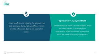 05_01_20
HOW
14Strictly Confidential © 2019 Profisee Group, Inc.
Operational vs. Analytical MDM:
While analytical MDM has real benefits, they
are often harder to quantify than
operational MDM outcomes, though the
latter are more difficult to implement.
Attaching financial value to the above is the
best scenario, but simple workflow metrics
are also effective if dollars are a sensitive
issue.
 