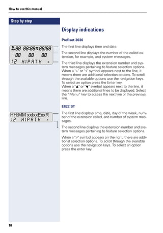 Step by step
How to use this manual
10
Display indications
Profiset 3030
The first line displays time and date.
The second line displays the number of the called ex-
tension, for example, and system messages.
The third line displays the extension number and sys-
tem messages pertaining to feature selection options.
When a ">" or "N" symbol appears next to the line, it
means there are additional selection options. To scroll
through the available options use the navigation keys.
To select an option press the Enter key.
When a " " or " " symbol appears next to the line, it
means there are additional lines to be displayed. Select
the “Menu” key to access the next line or the previous
line.
E822 ST
The first line displays time, date, day of the week, num-
ber of the extension called, and number of system mes-
sages.
The second line displays the extension number and sys-
tem messages pertaining to feature selection options.
When a ">" symbol appears on the right, there are addi-
tional selection options. To scroll through the available
options use the navigation keys. To select an option
press the enter key.
 